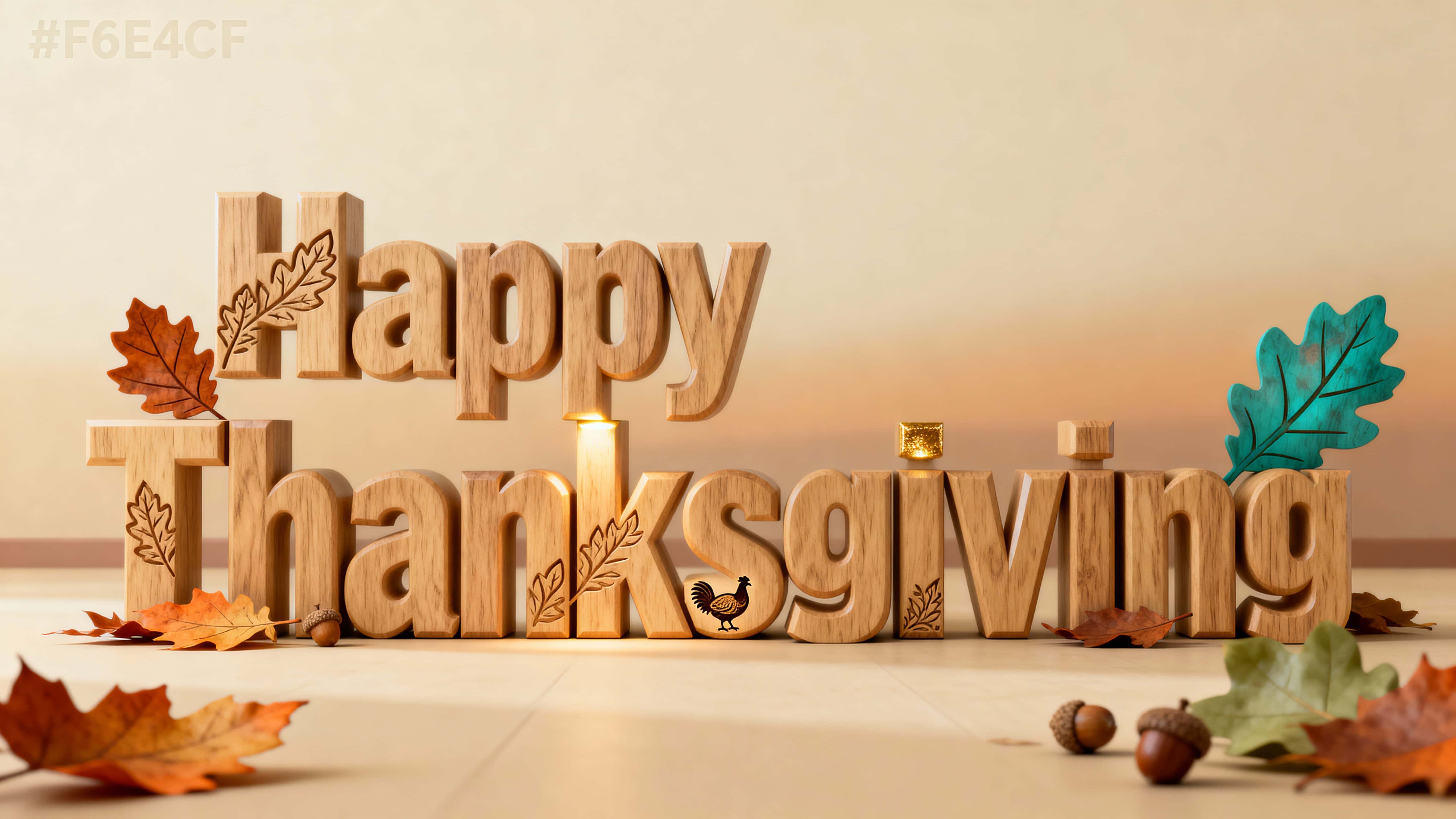 Central, low-framed 16:9 scene of robust light-oak block letters spelling Happy Thanksgiving with engraved leaf patterns, minimal autumn props, warm left light and soft teal fill.