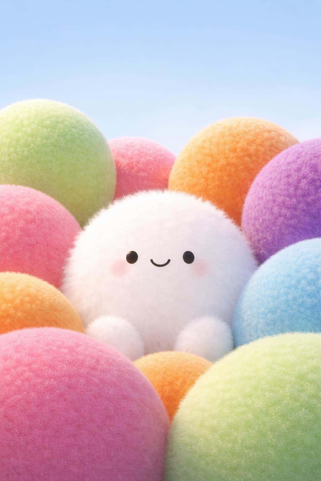 A joyful white fluffy character with a gentle smile nestled among oversized, velvety colorful spheres rendered in 3D with soft plush textures and high-key lighting.
