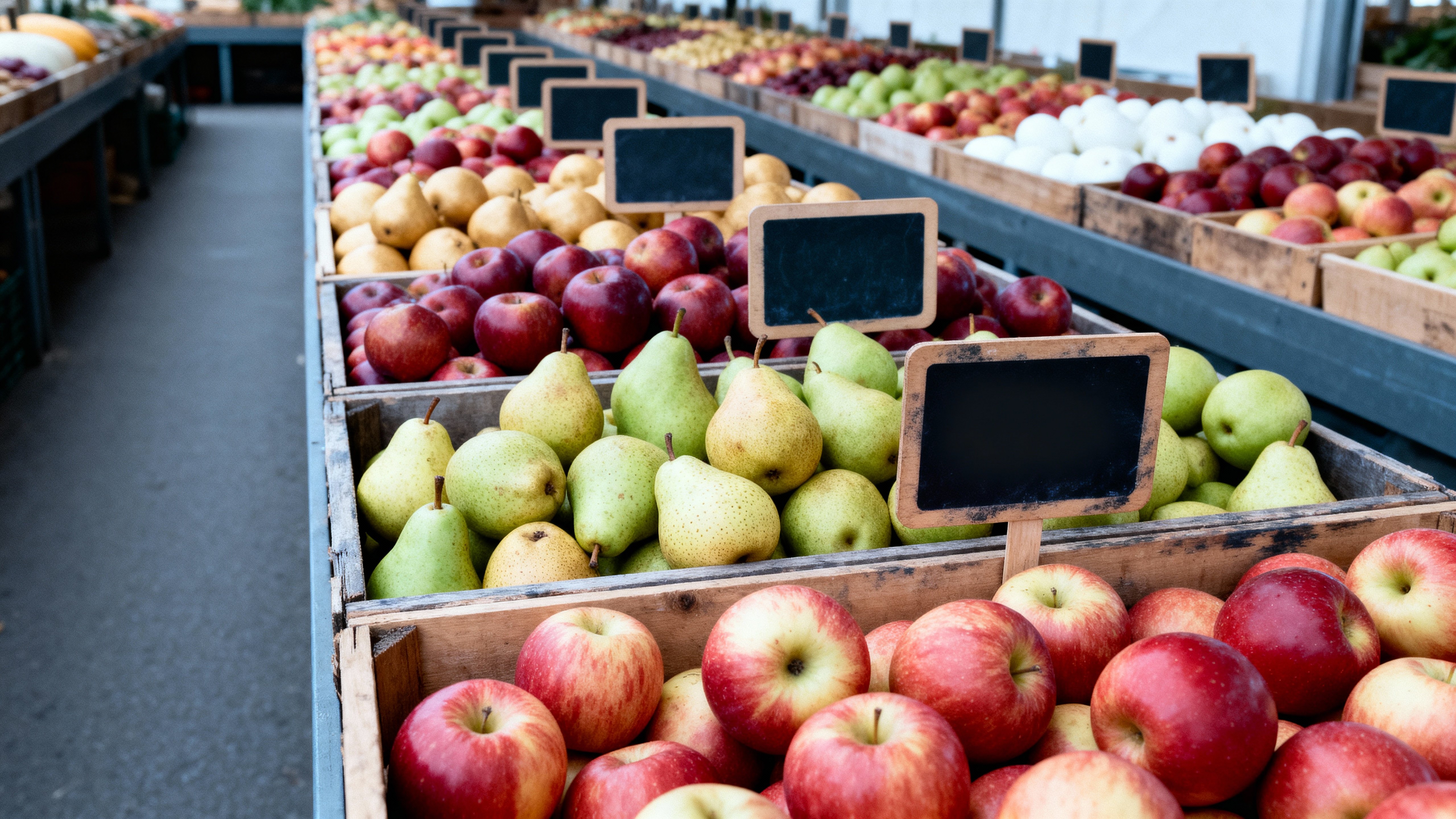Neat market aisle of apples and pears in color-sorted bins and worn wood crates, cool overcast light keeps reds (#C33A2B), greens (#7BB34A), golds (#D9A74B), wood (#8B6E4B) and chalkboard white (#F5F7F9) honest, front-row fruit sharp with a