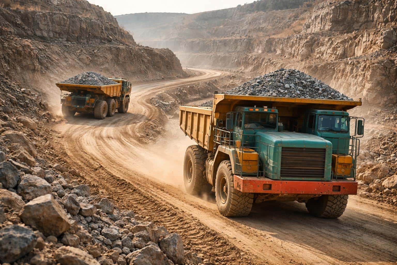 High-fidelity industrial photograph of two heavy-duty trucks hauling ore through a tiered quarry, capturing the rugged atmosphere of a large-scale mining site.