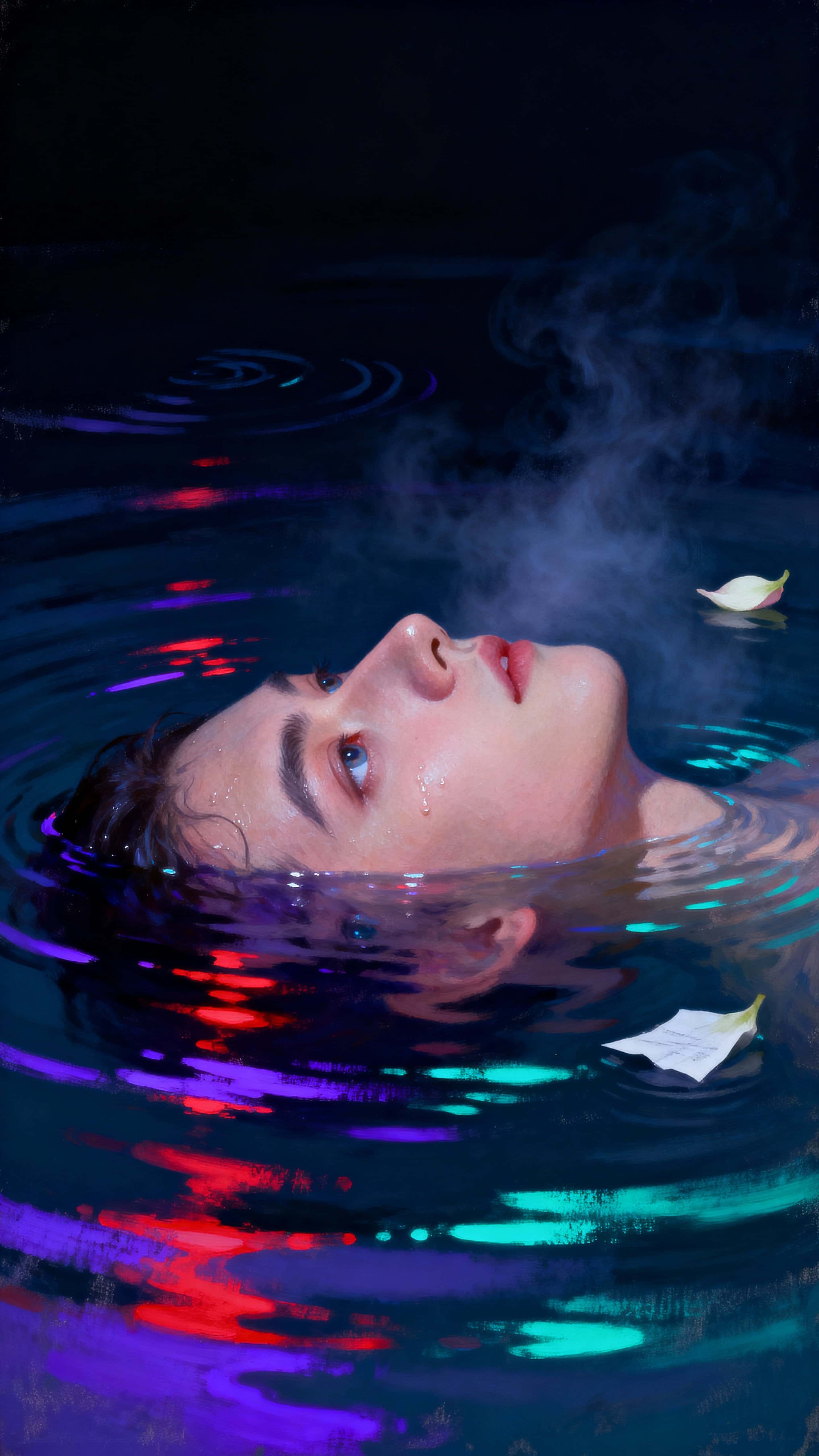 A partially submerged head with only the eyes and nose above neon-lit water, ripples catch purple, teal and crimson gradients as a dreamy, calm expression radiates serenity.