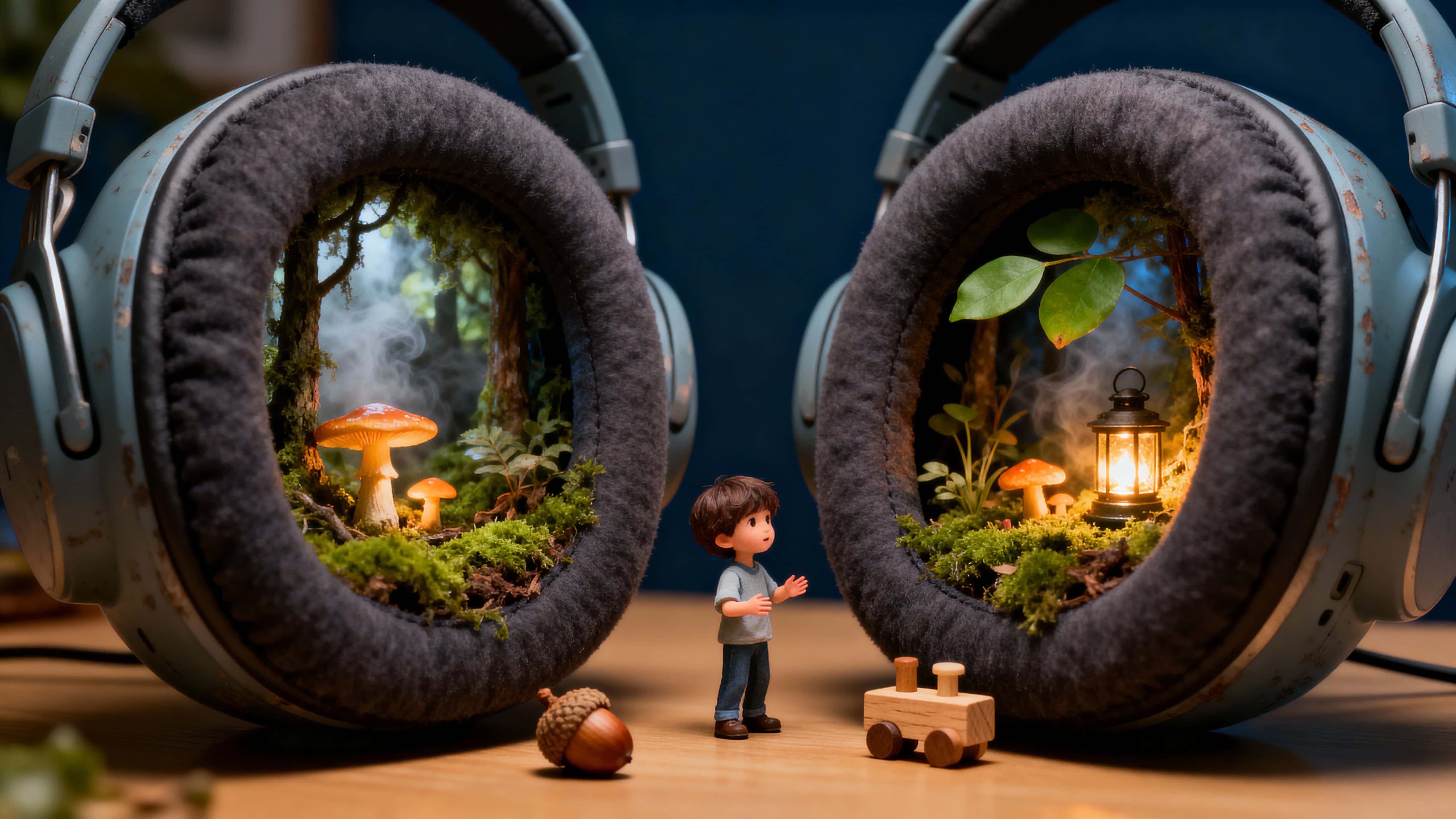 A pair of headphones lies on a desk in a 16:9 frame, each earcup cradling a miniature glowing forest while a small child stands between them exploring the two tiny worlds.