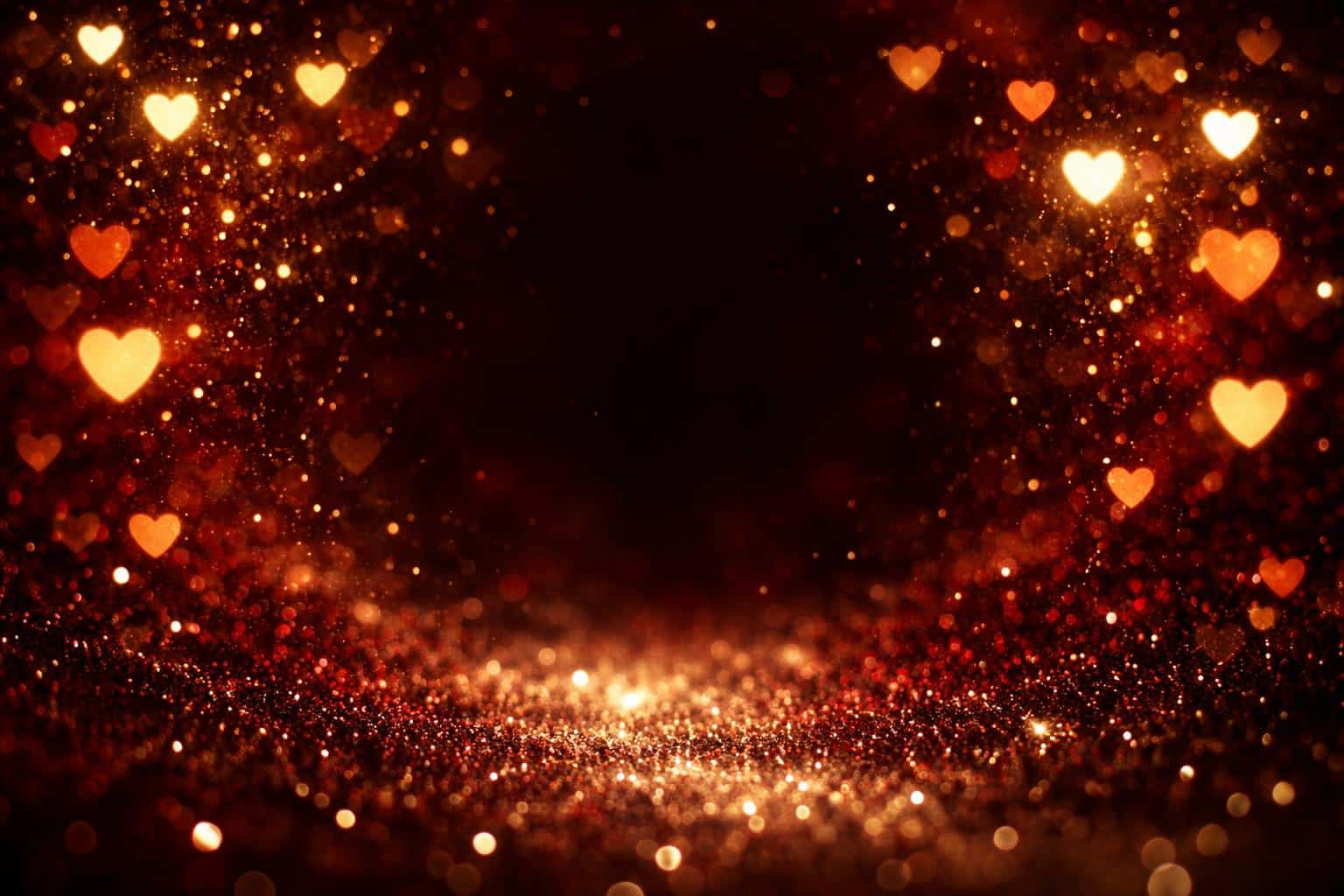 Macro studio scene in 3:2 landscape showcasing glittering heart-shaped bokeh and suspended light particles against a velvet red and antique gold backdrop.