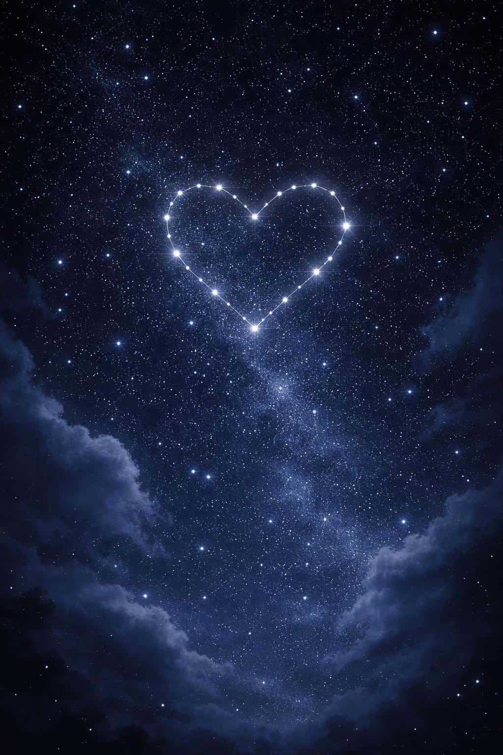 Vertical 2:3 card view looking straight up into a deep indigo night sky filled with dense stars and a silver heart-shaped constellation in the upper third, intimate and cosmic.