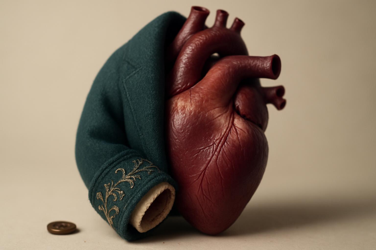 An anatomically detailed human heart dressed in an embroidered heavy coat sleeve, captured in intimate macro study where fabric and flesh meet. The image juxtaposes tender organic surfaces with tactile textiles to visualize the idiom of openly worn emotion.