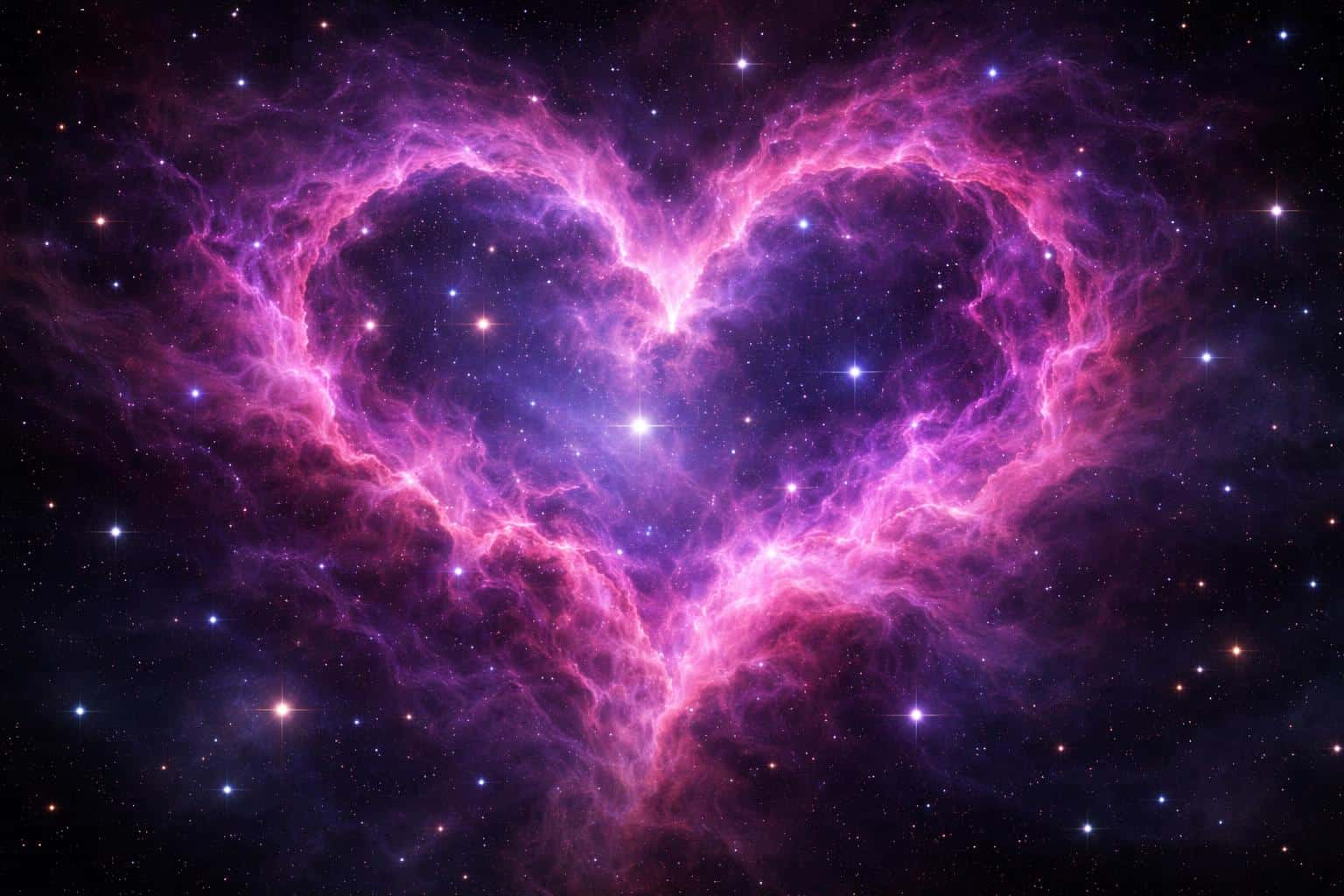 Wide 3:2 astrophotography-style view of a glowing heart-shaped nebula in deep violet and magenta, with internal luminosity and bright star highlights for a text-ready backdrop.