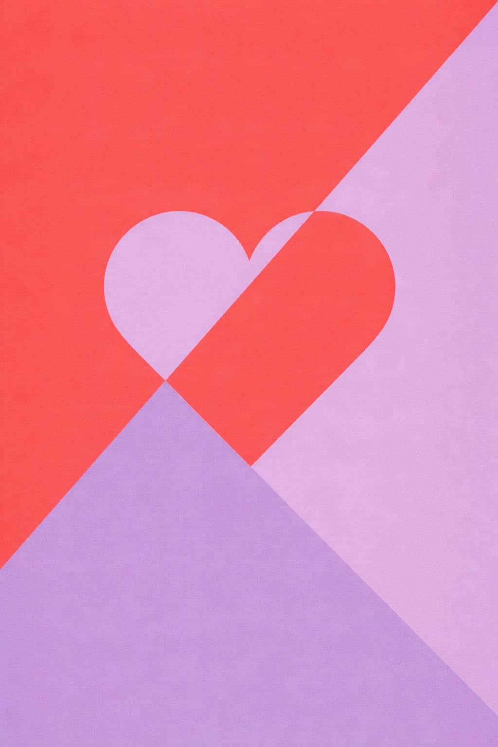 Vertical 2:3 Bauhaus-inspired geometric graphic with diagonal coral and lilac color blocks intersecting at a sharp-edged heart that swaps colors, matte flat finish.