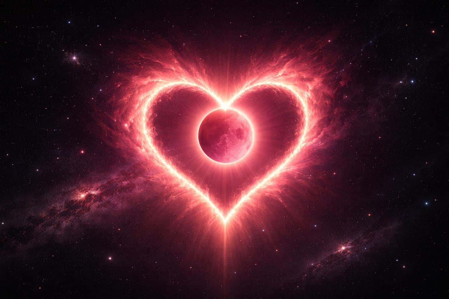 A surreal 3:2 landscape depicting a glowing pink moon eclipsing a distant star to form a perfect heart-shaped corona, casting a soft pink radiance across a deep velvet sky.