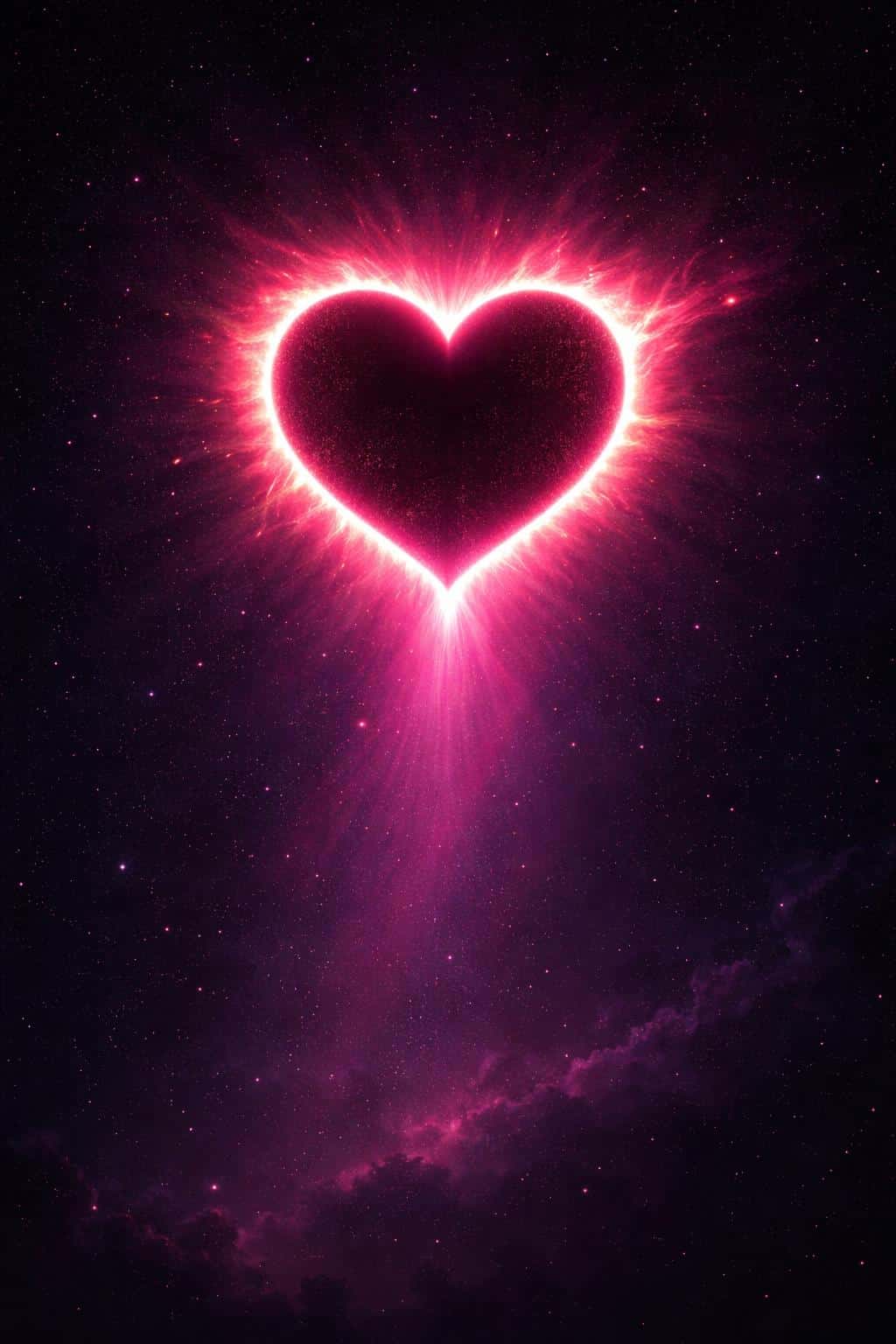 Vertical 2:3 surreal digital art of a heart-shaped celestial eclipse in the upper third, a glowing pink corona bleeding light into near-black indigo negative space.