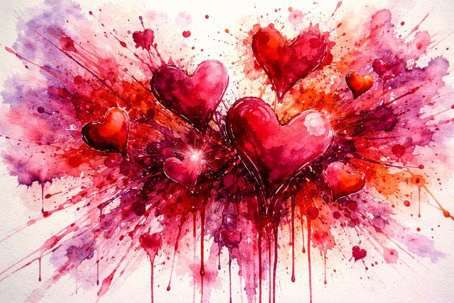 A 3:2 horizontal watercolor action-painting of scarlet, magenta and orange splatters forming multiple hearts with dripping paint, scratched white highlights, and pale violet cold-press texture.