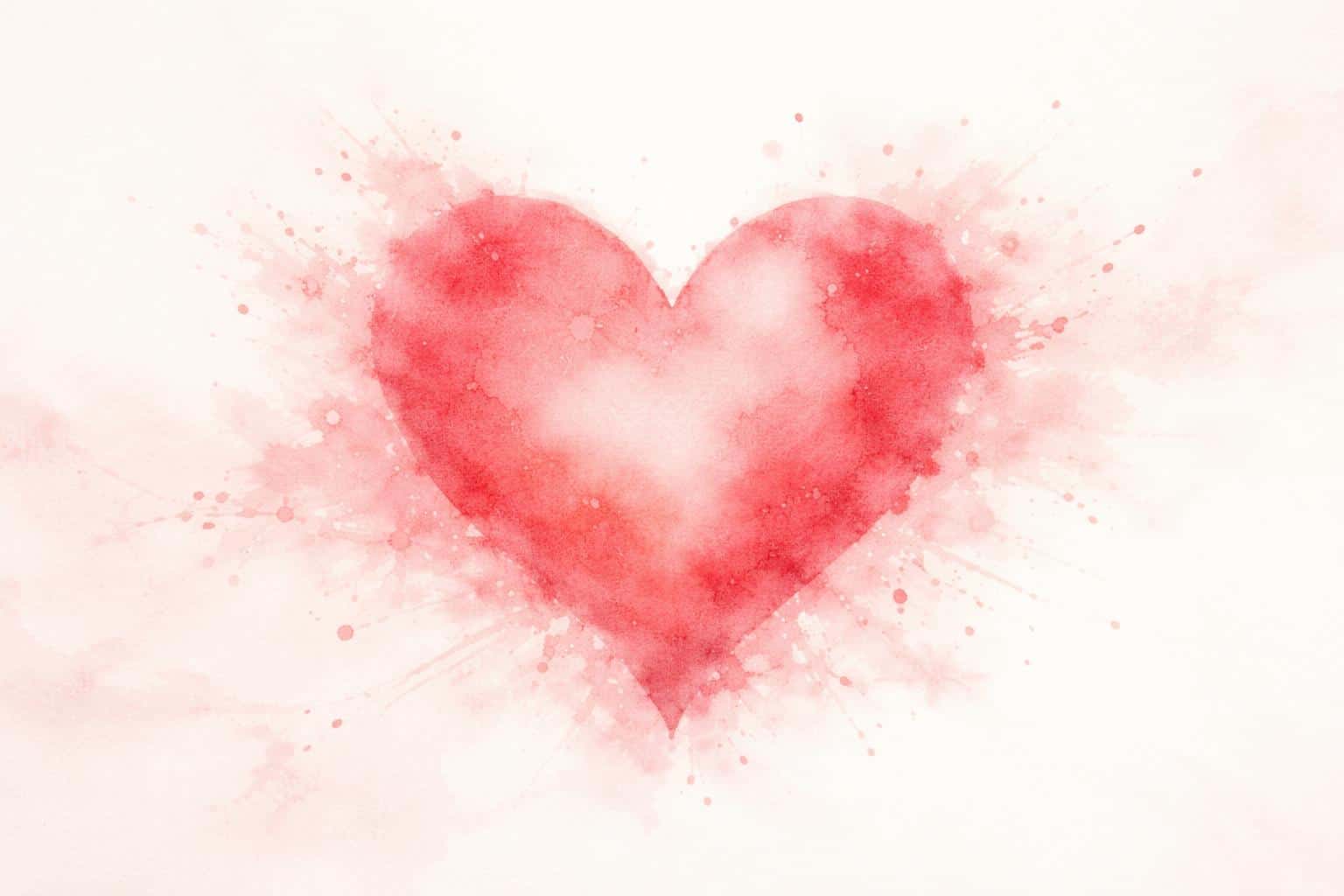 A cinematic 3:2 digital watercolor showing a single translucent rose-pink and cadmium-red heart centered on clean paper with wet-on-wet blooms and radiating splatters.