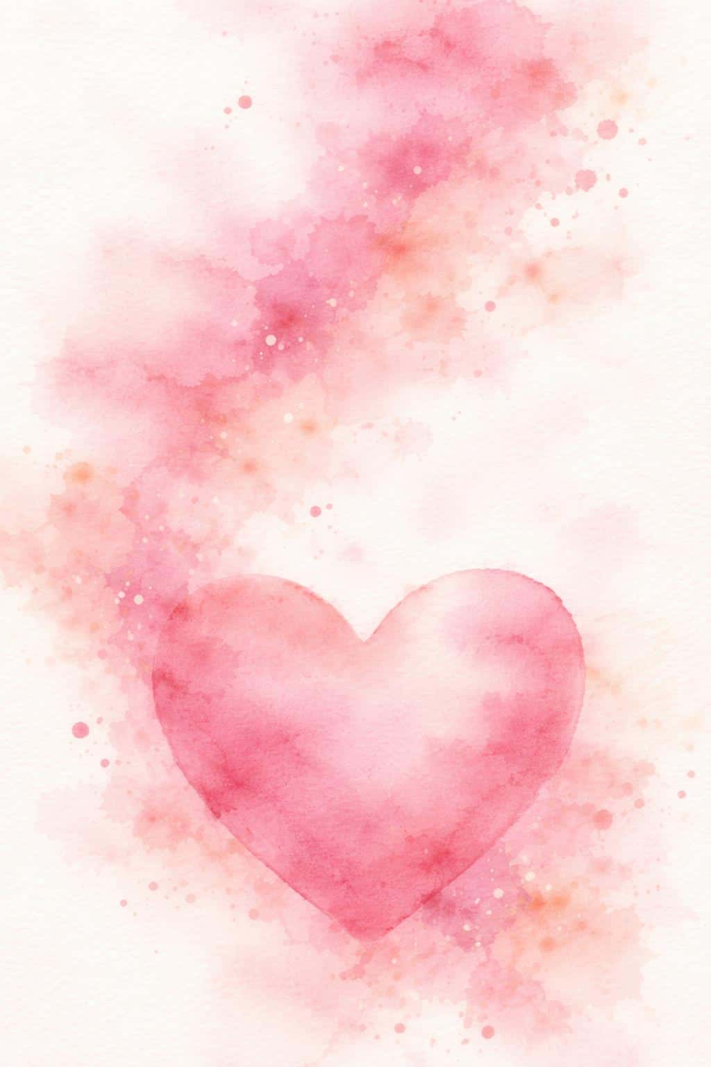 Vertical 2:3 cinematic digital watercolor of a translucent rose-pink heart in the lower third with wet-on-wet blooms, delicate splatters, cold-press texture, and a tender high-key mood.