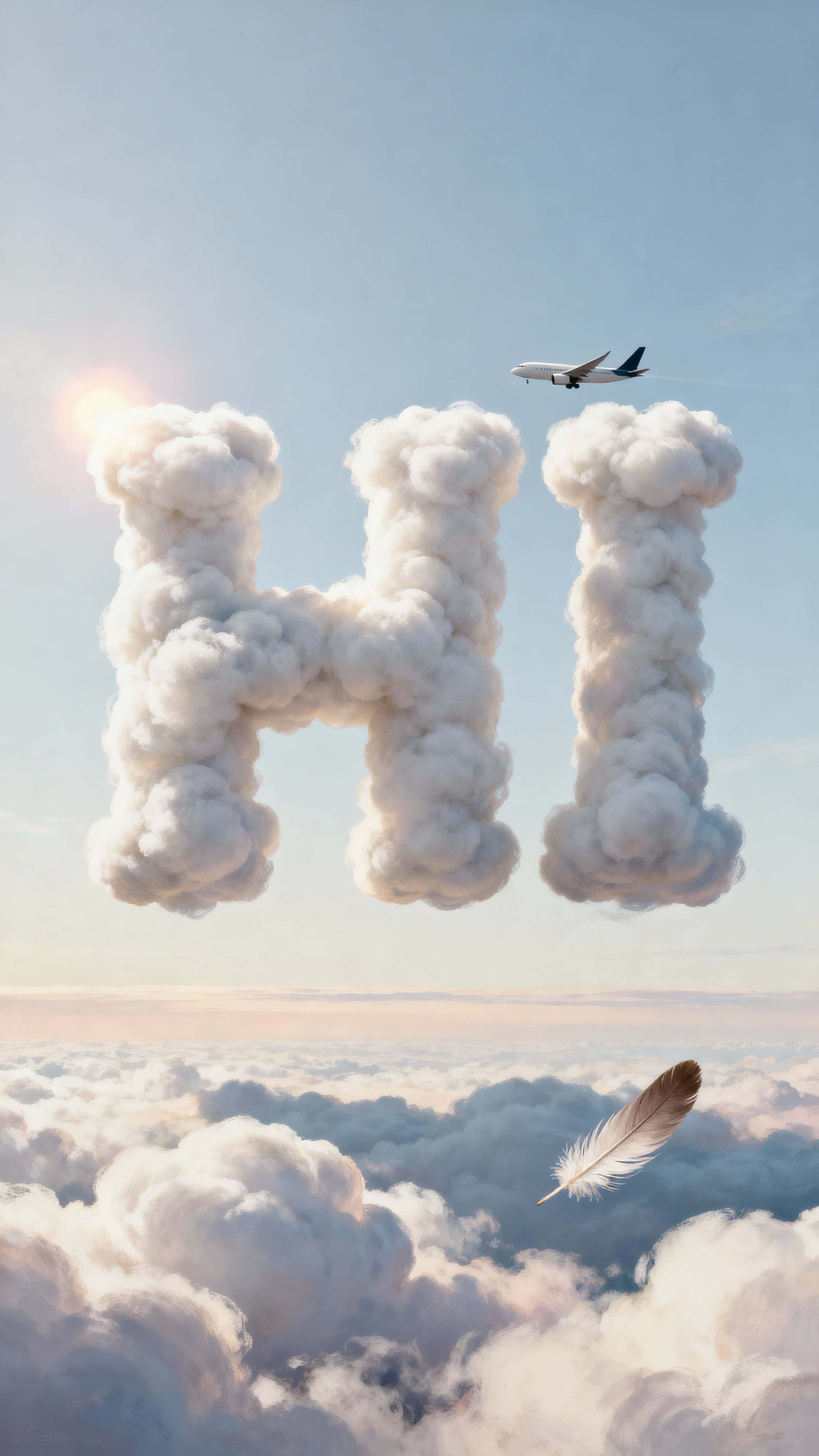 A vertical 9:16 scene of the letters "HI" formed from soft cotton clouds, suspended against a tranquil pastel sky with gentle glow and clean negative space for social story use.