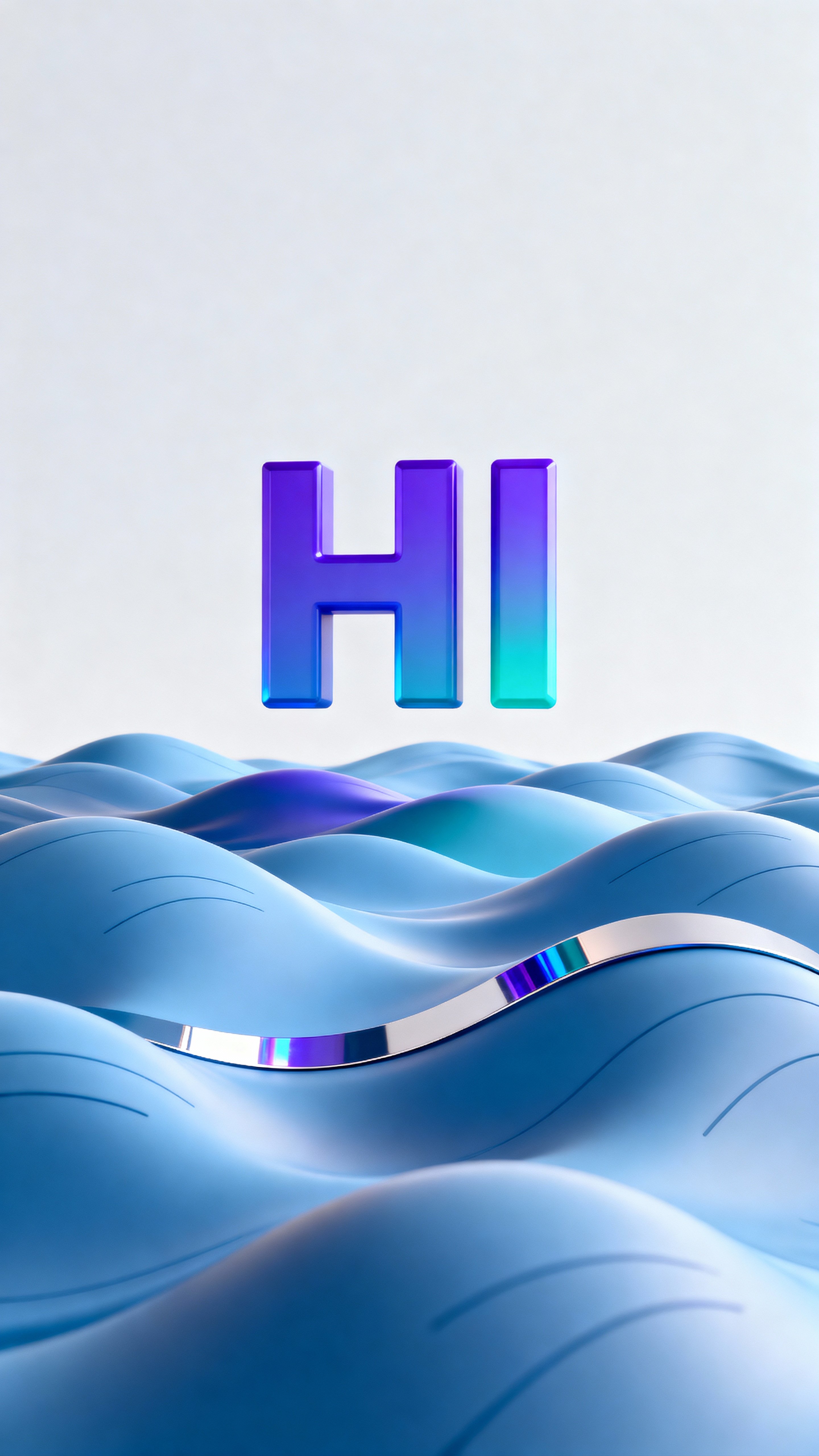 A bold typographic 'HI' hovers above abstract 3D waves in a tall 9:16 frame, with cool blue and violet tones, soft glow separation, and clean surfaces for a modern vertical poster composition.