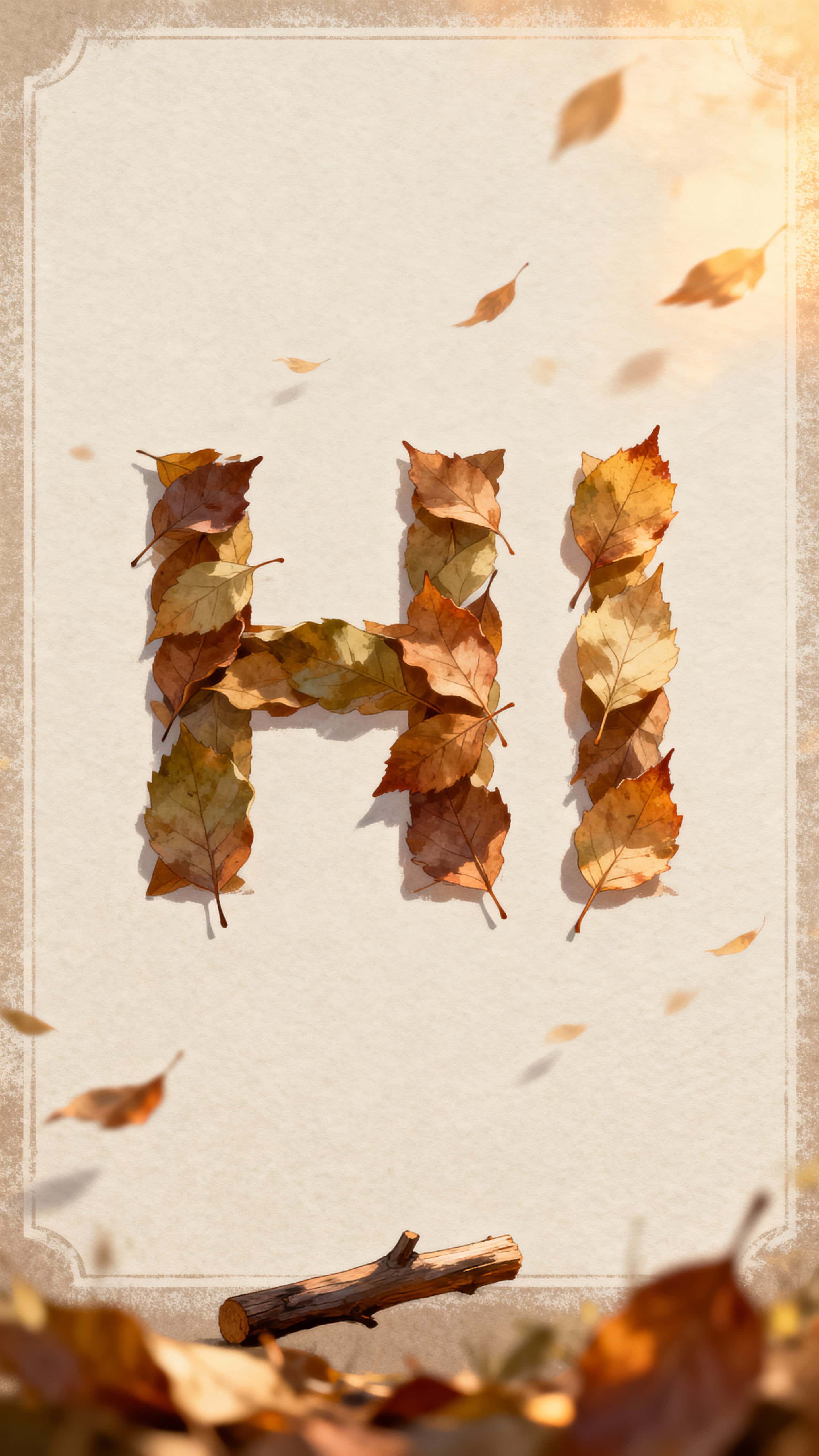 A vertical 9:16 visual of the phrase "HI made of falling leaves" shaped from warm autumn foliage against a soft, neutral backdrop, designed for clear legibility and seasonal impact in portrait layouts.