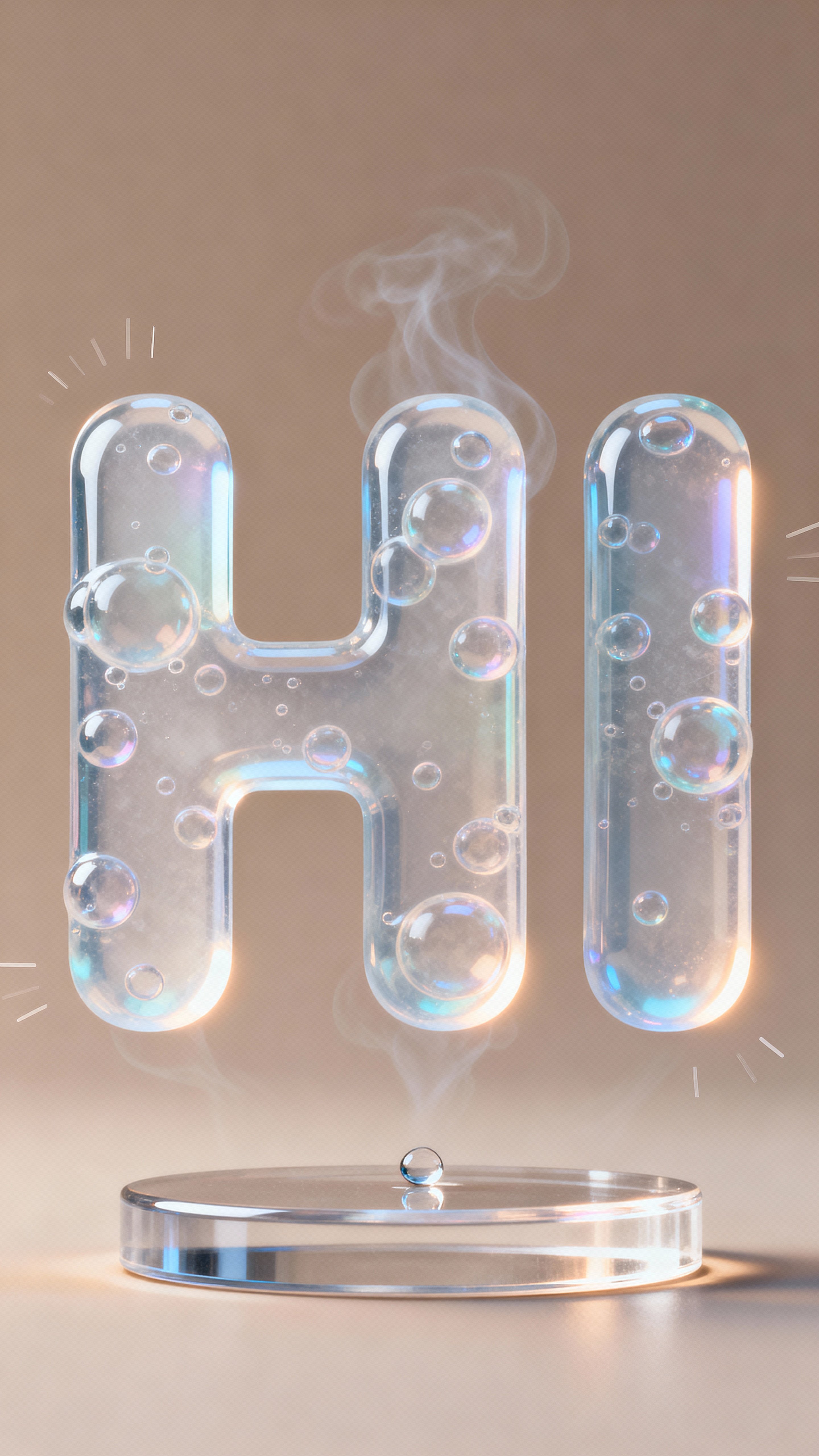 Large uppercase HI formed from bubbly transparent gel, set in a tall portrait frame with soft glowing edges and neutral, gently colored background to emphasize clarity and tactility.