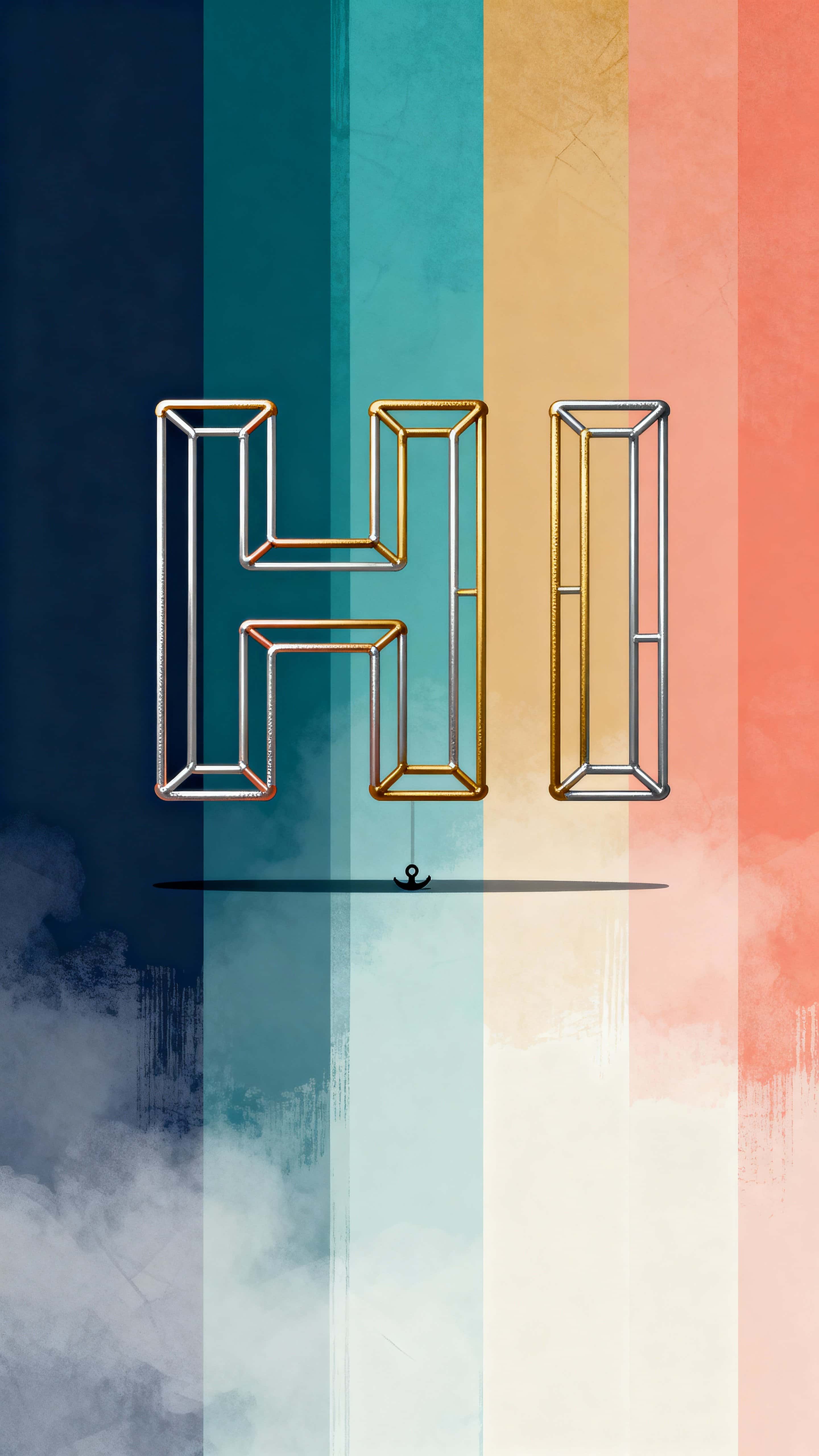 Bold hollow wireframe letters forming the word HI float against an abstract vertical backdrop with layered color fields and subtle texture to create a tall, immersive 9:16 composition for display or poster use.