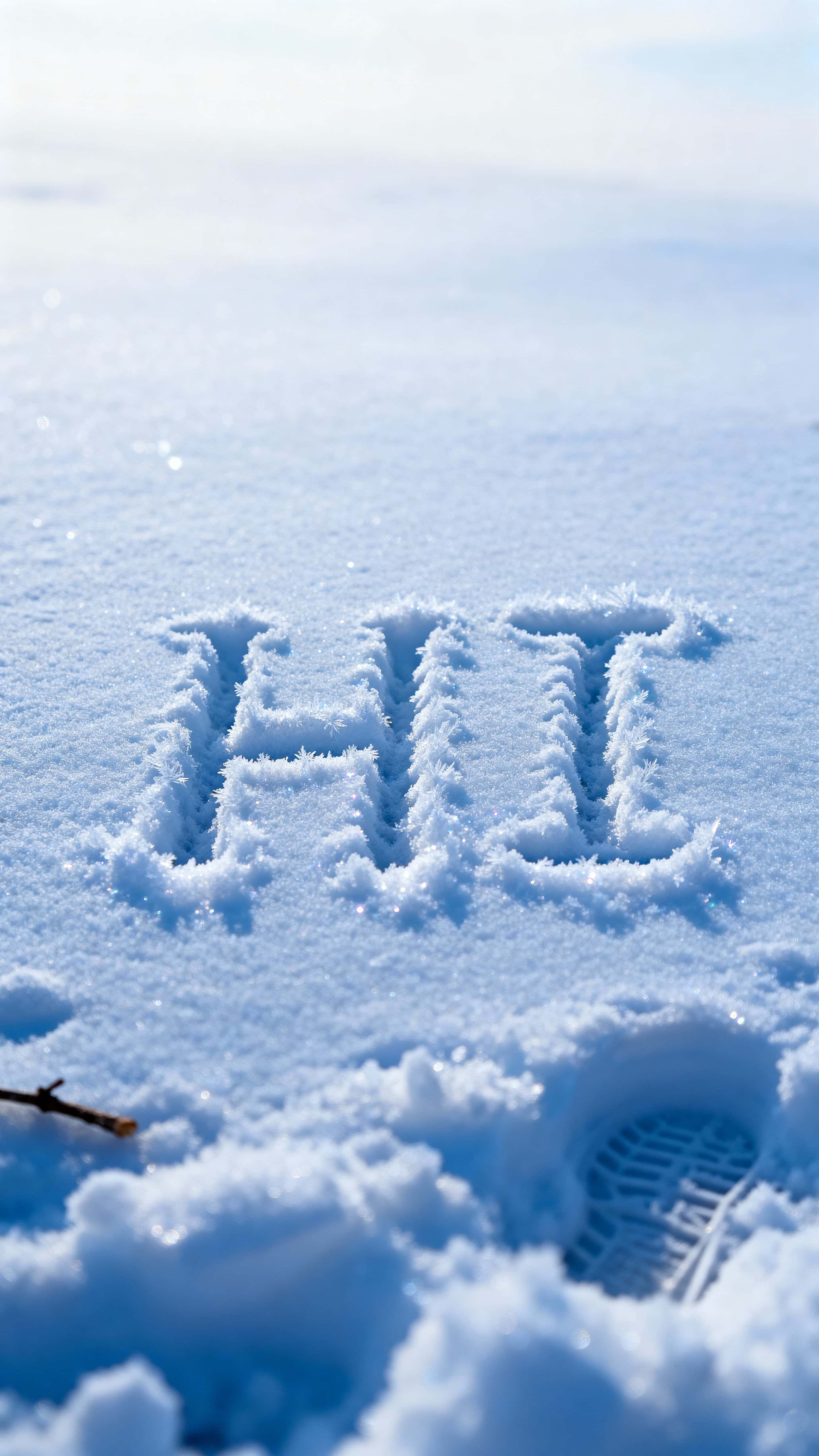 A vertical 9:16 scene showing the letters "HI" drawn into a frosty snow surface on a flat outdoor plane, with crisp edges and soft cool light for a serene seasonal greeting effect.