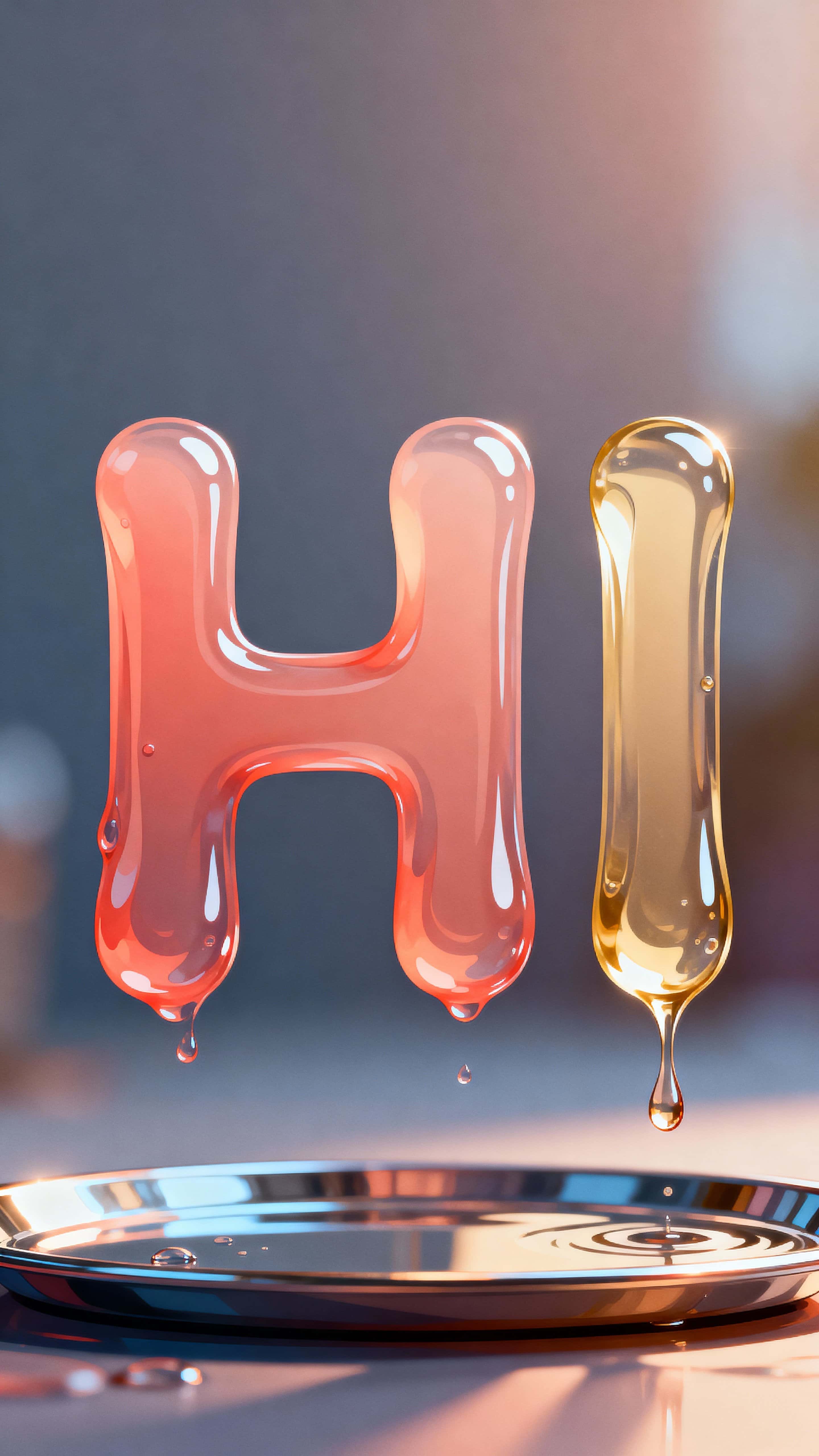 A vertical 9:16 composition showing the letters "HI" built from abstract, flowing liquid forms that gleam and interlock, framed for bold legibility and close viewing.