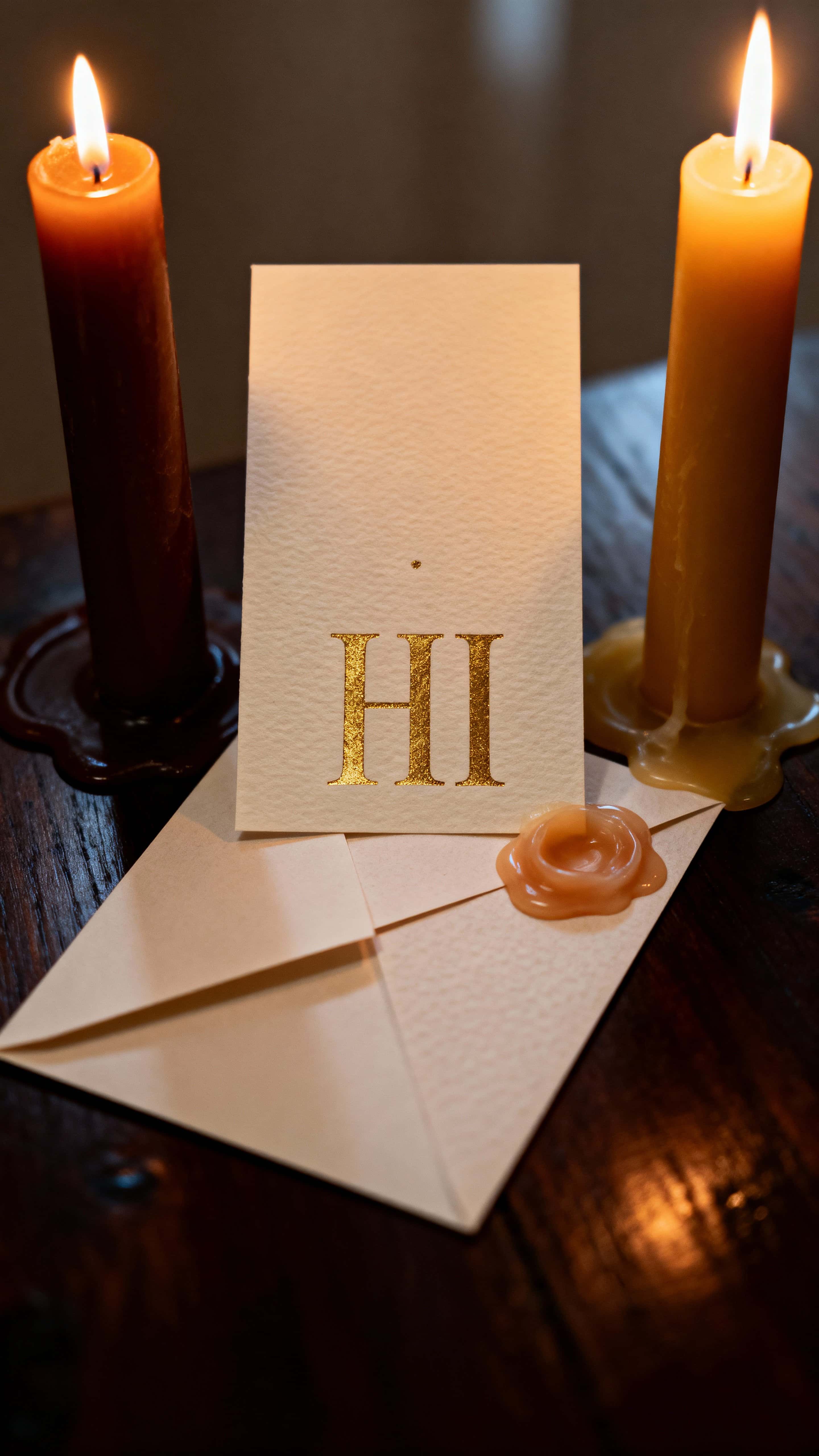 Close vertical portrait of the letters "HI" set inside a 9:16 frame and bathed in warm amber candlelight to convey intimate greeting and quiet atmosphere.