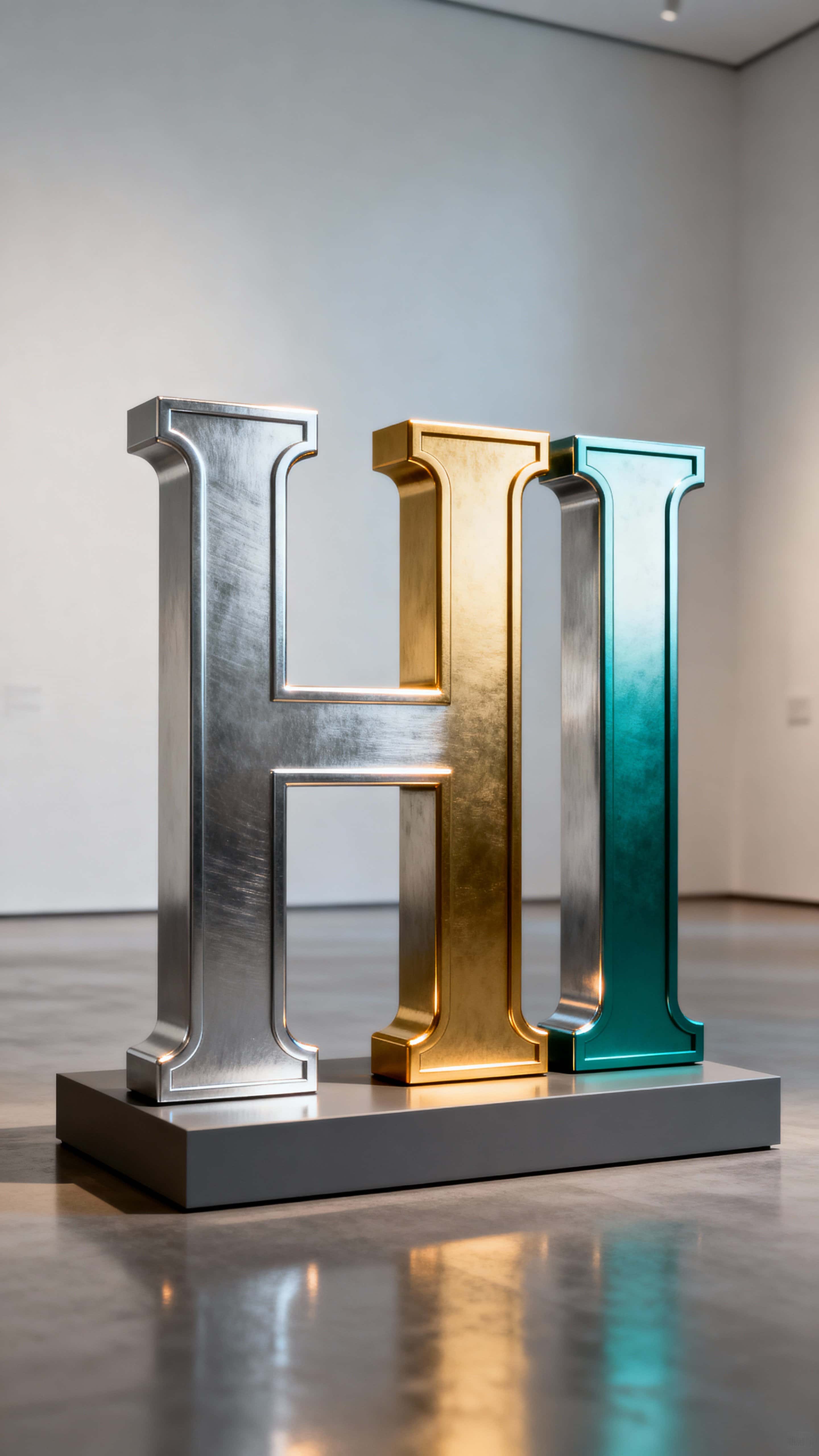 A vertical 9:16 study of freestanding 3D metallic letters "HI" centered on a low midline with brushed metal faces, warm gold accents, matte plinth, subtle ambient haze, and a calm gallery presentation.