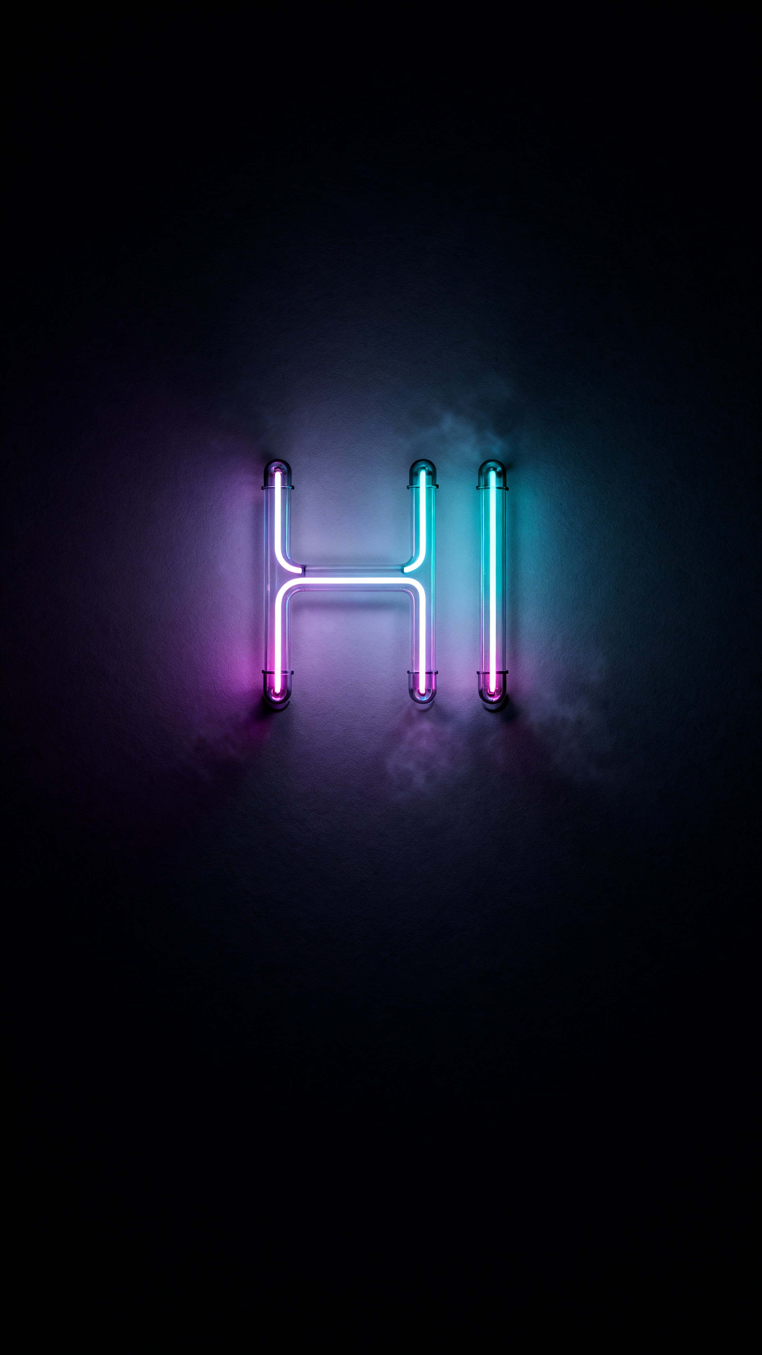 A vertical 9:16 poster showing the letters "HI" rendered in a thin neon outline that glows against a deep matte charcoal field, with crisp legibility and a minimal, atmospheric mood for signage or poster use.