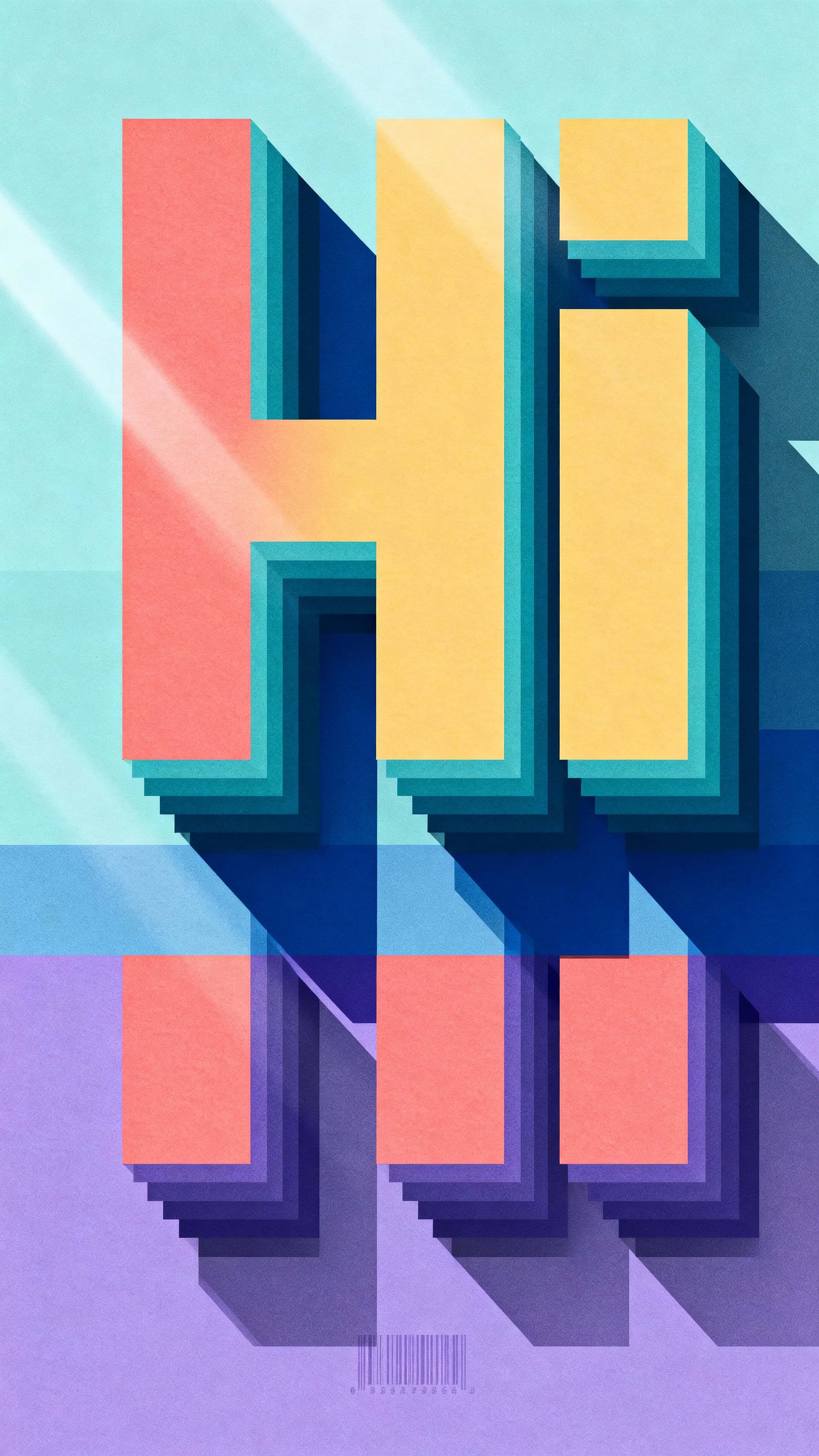 A vertical 9:16 poster composition showing the word "HI" formed from layered colorful rectangles with crisp separations and bold negative space, designed for graphic display and legibility in portrait crop.