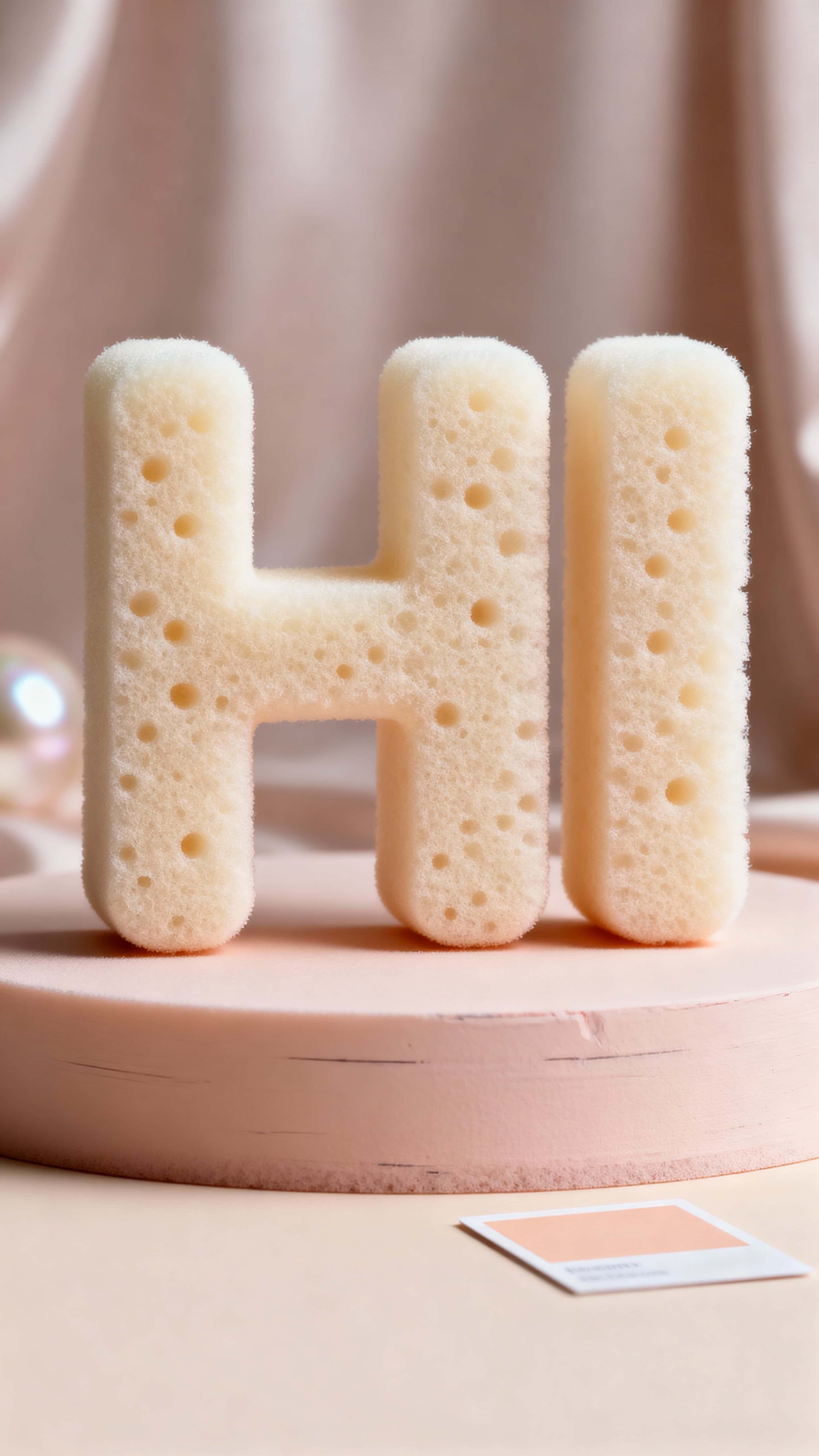 A vertical 9:16 composition showing the letters "HI" formed from soft sponge-foam with tangible pores and rounded edges, lit for tactile clarity and shallow depth to emphasize touchable volume and color separation.