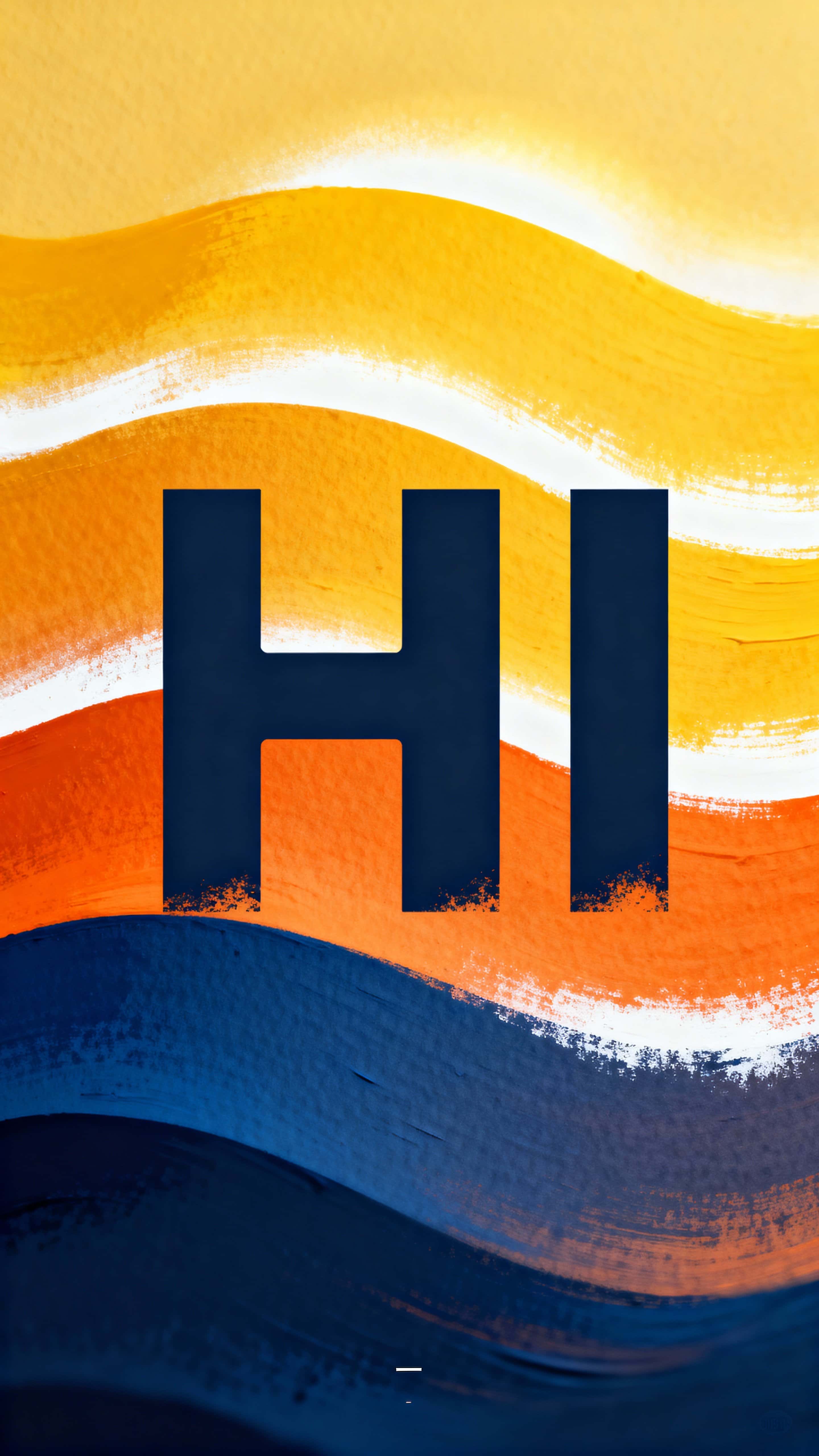 Bold "HI" set in a stencil display sits centered over flowing gradient wave bands inside a vertical 9:16 frame, prioritizing clear legibility, tactile stencil texture, and poster-ready crop guidance.