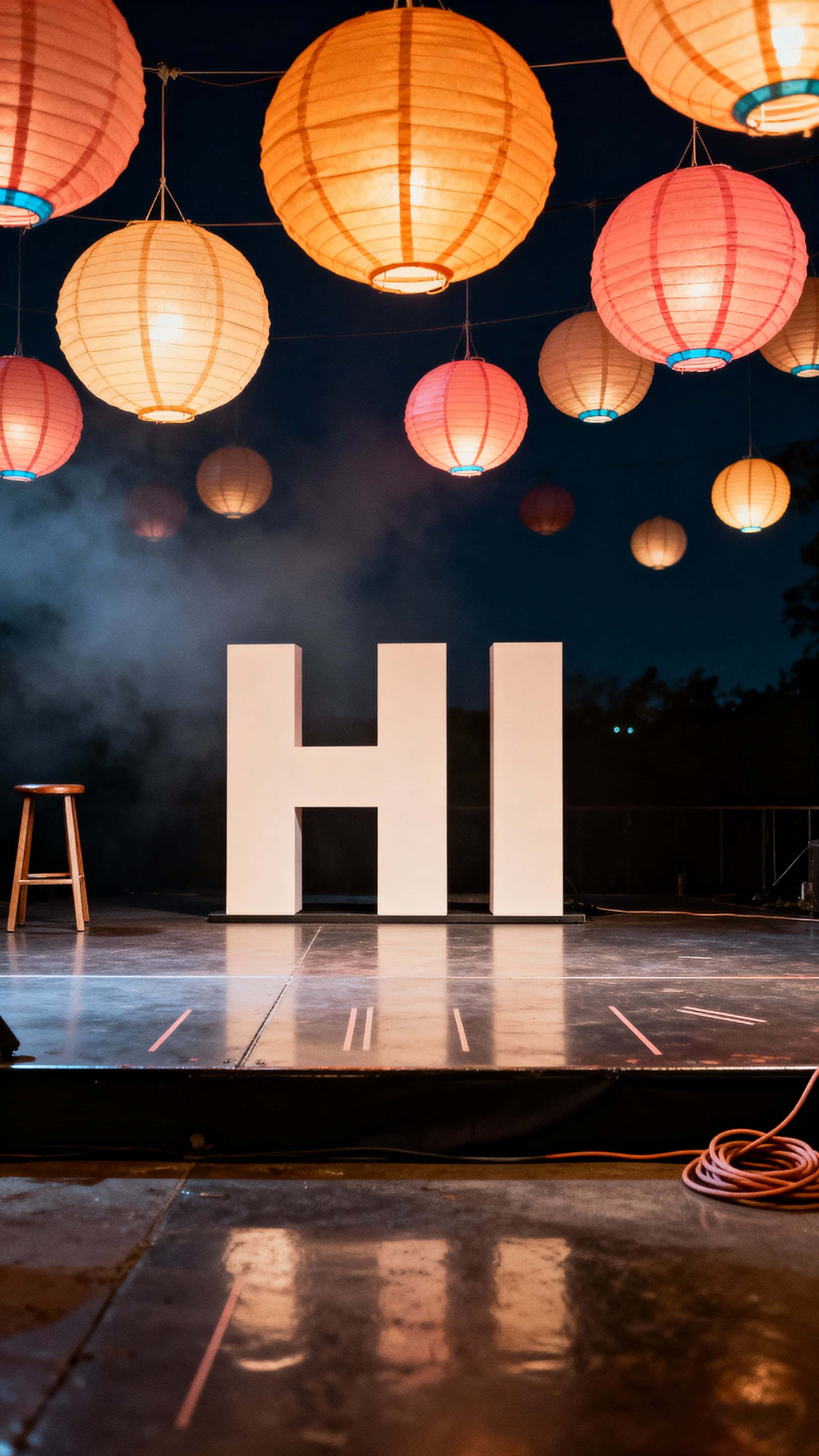 Close-up vertical portrait of the letters "HI" framed by warm lantern lights and soft night air, designed for a tall 9:16 crop that feels intimate and cinematic.