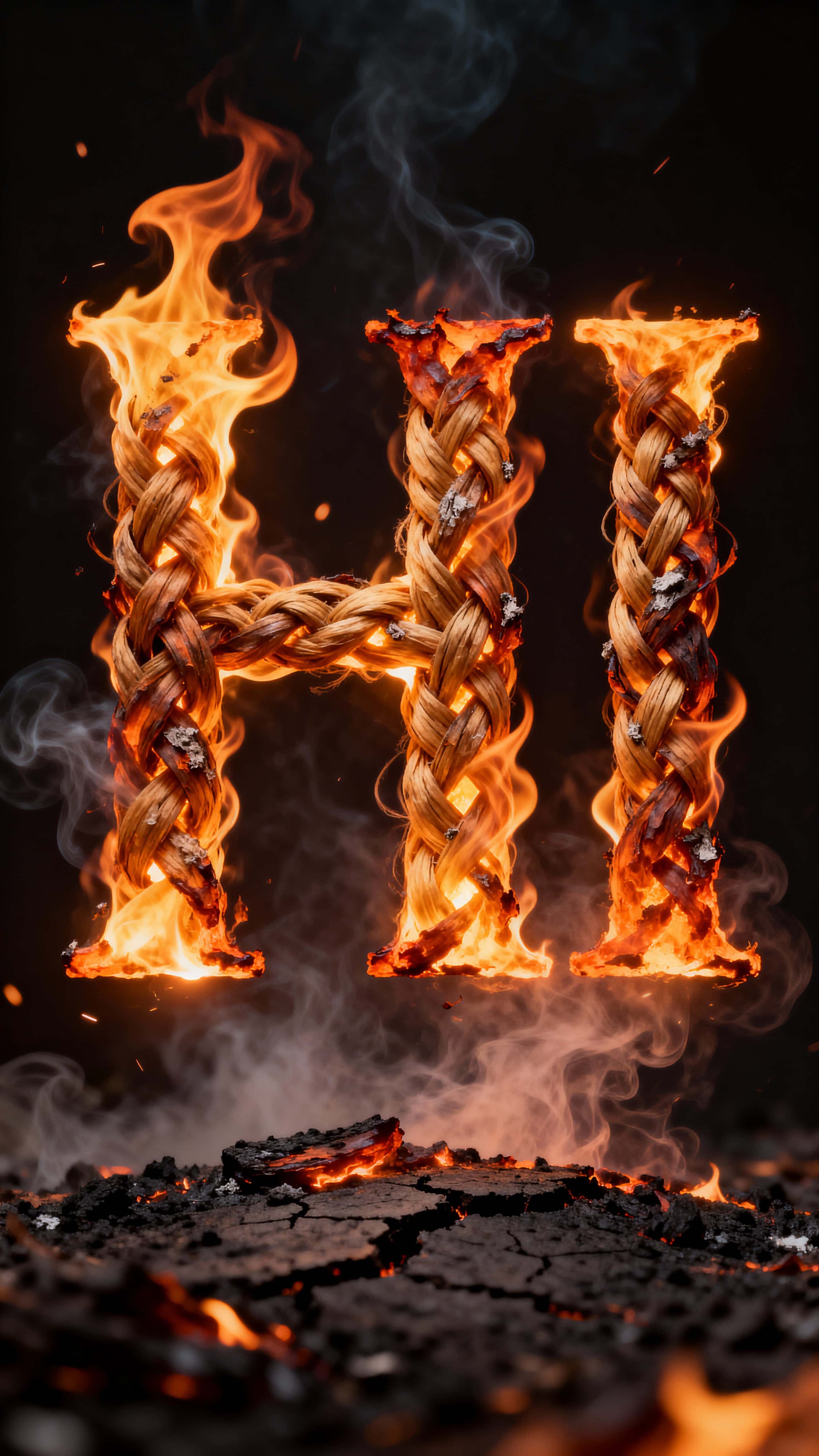 A bold vertical poster showing the word "HI" formed from living fire textures glowing in deep darkness, framed for a 9:16 portrait crop with dramatic contrast and ember detail.