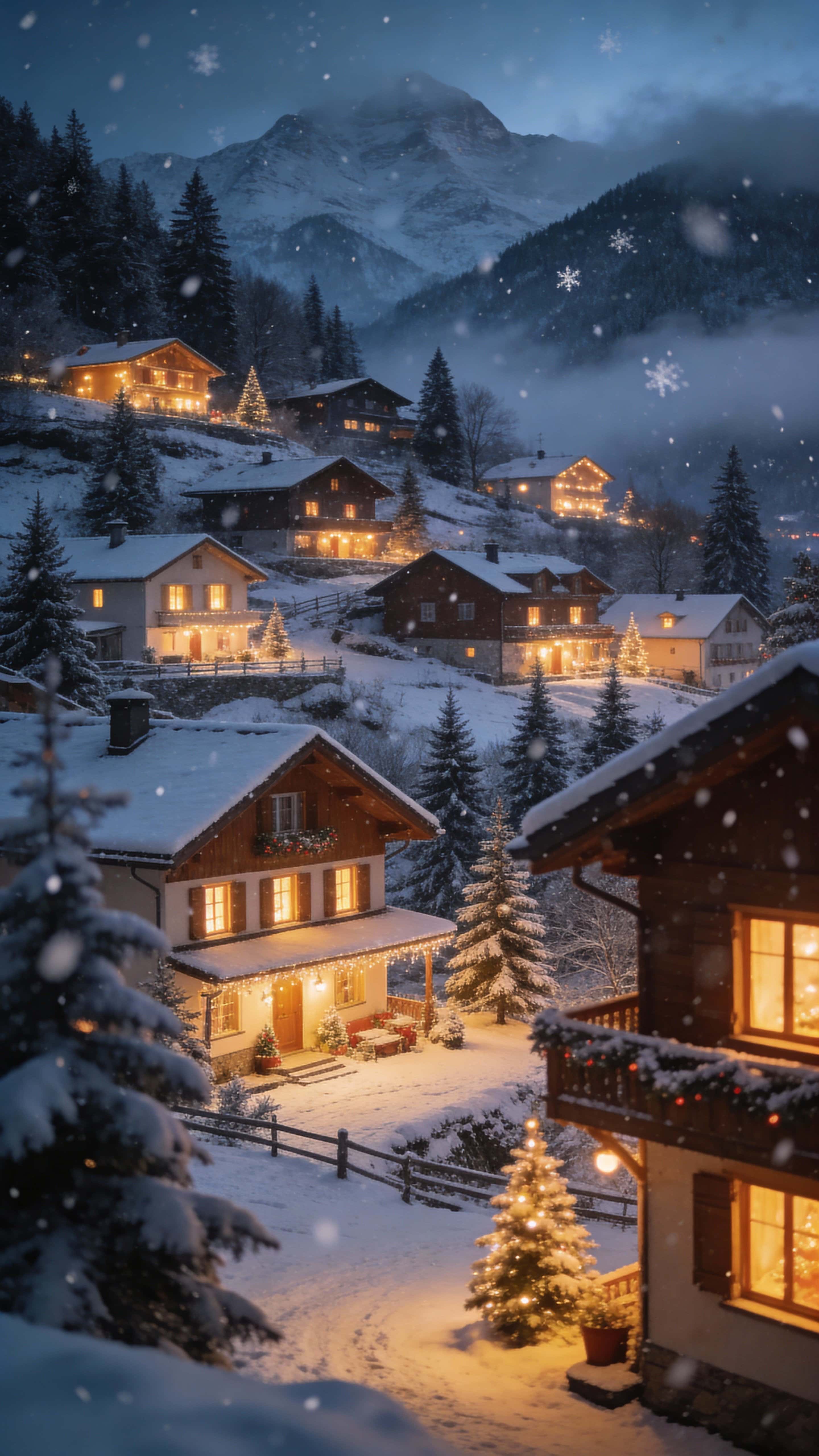 Vertical 9:16 view of a hill-station Christmas night showing cozy houses glowing with warm lights, misty mountains, cold winter air, subtle snowfall and a peaceful holiday atmosphere.