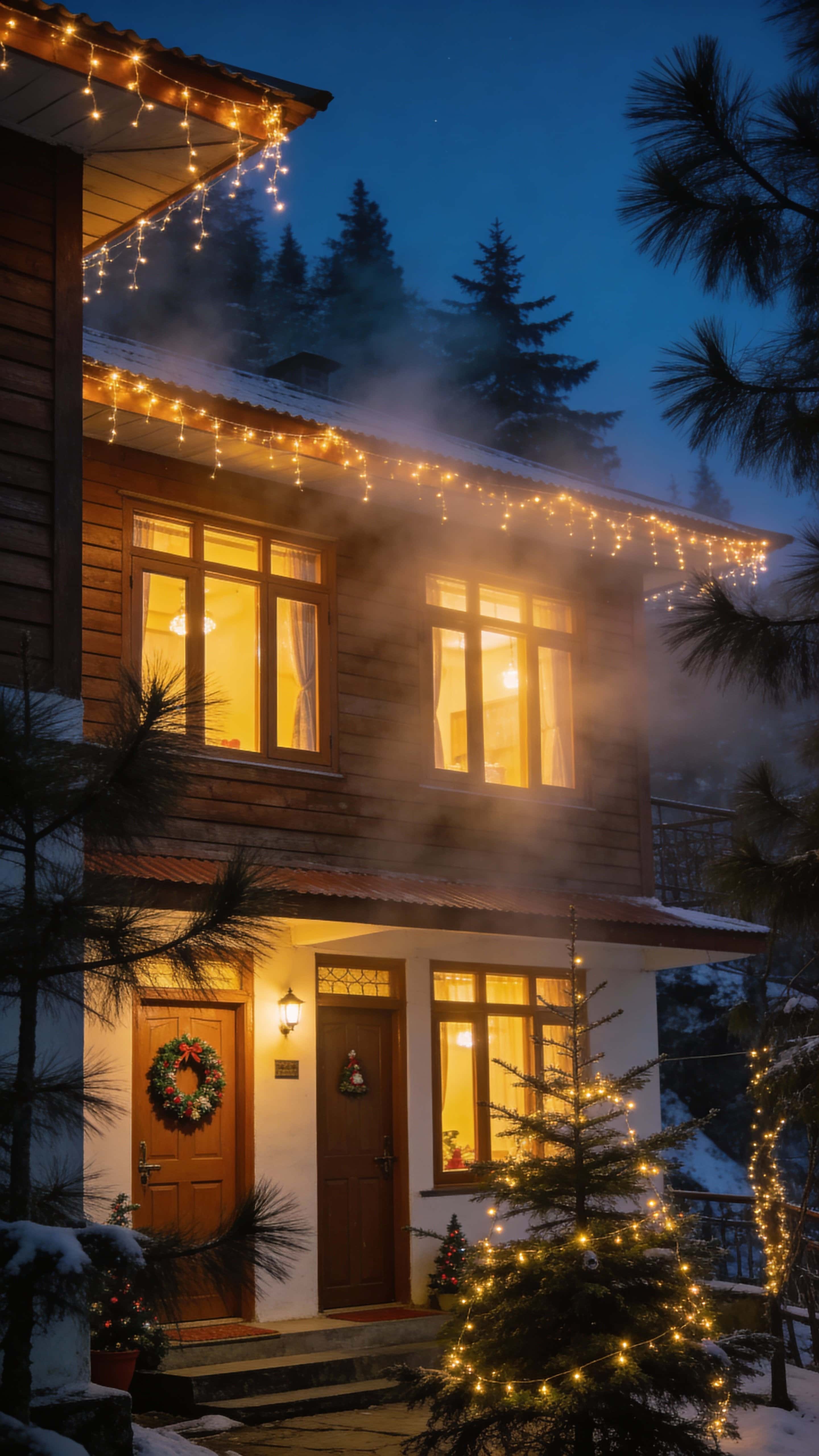 A cozy hilltop homestay in Darjeeling at night with warm yellow window lights and roof fairy lights, misty cold air and surrounding pine trees beneath a deep blue sky with subtle Christmas decorations.
