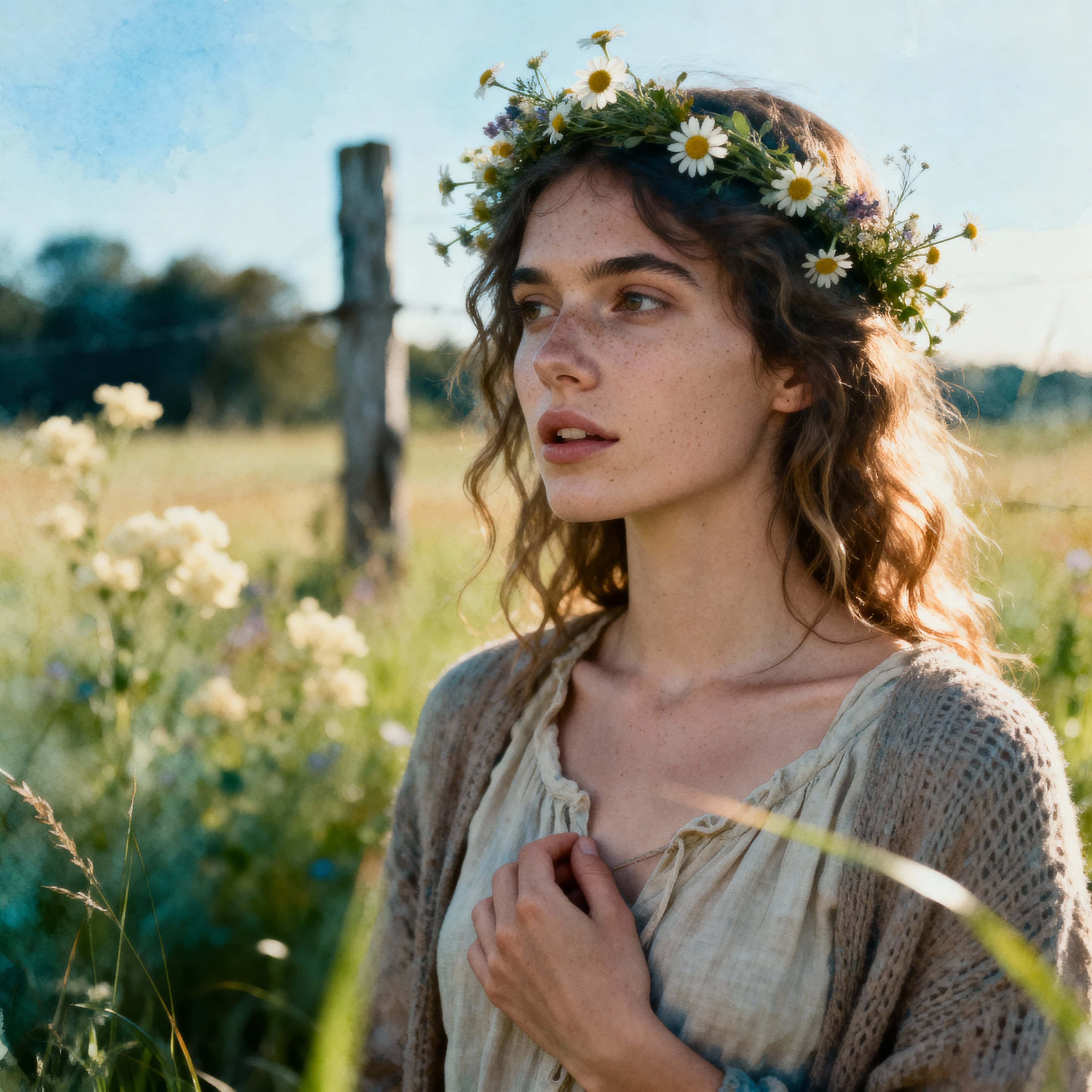 Close-up portrait of a serene hippie woman standing in a sunlit meadow, looking slightly off-camera with a calm expression and natural styling that feels effortless.