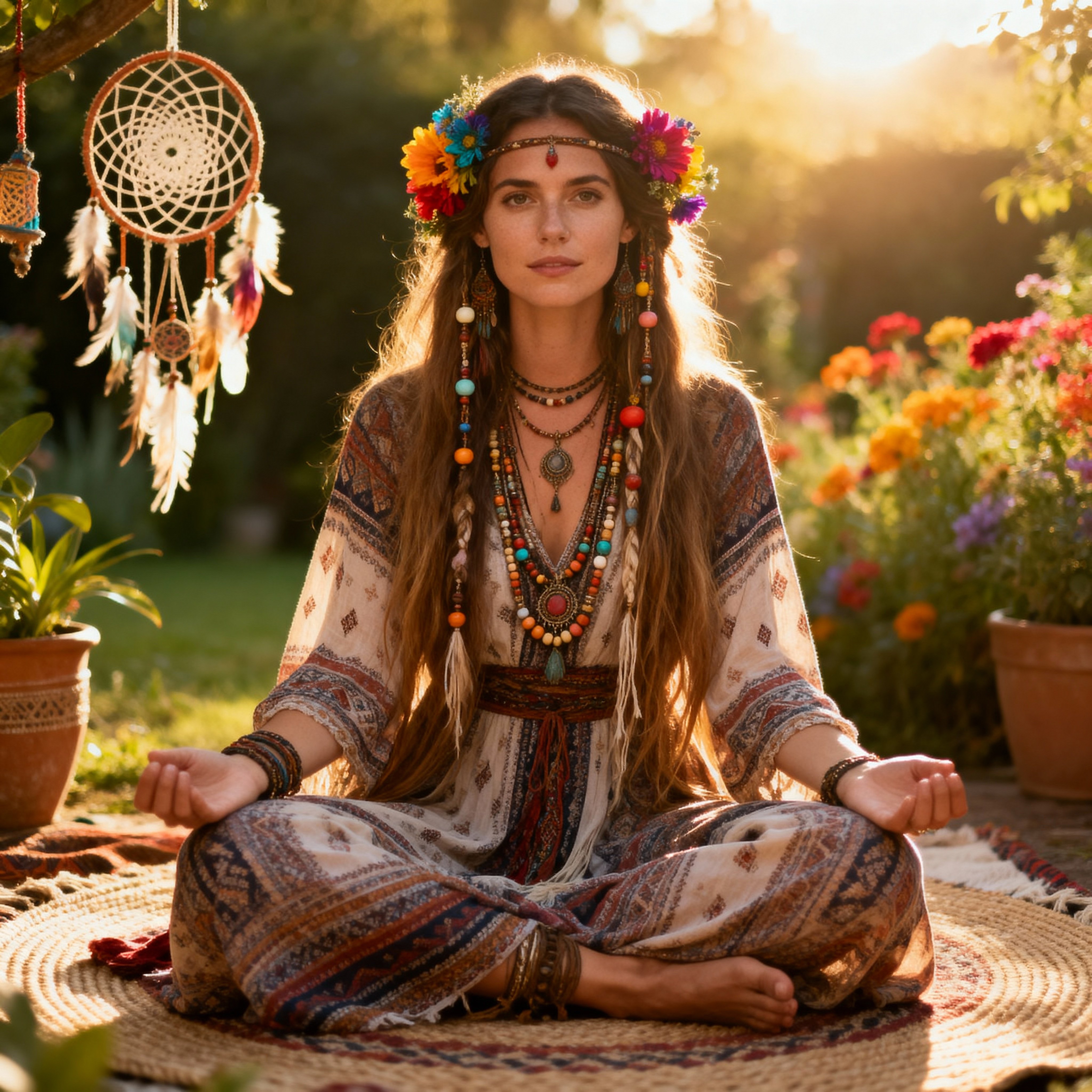Close-up portrait of a beautiful hippie woman with a flower crown and loose waves, wearing a turquoise embroidered blouse and sunflower-yellow scarf, coral lipstick, warm-amber sunlight and deep-teal background.