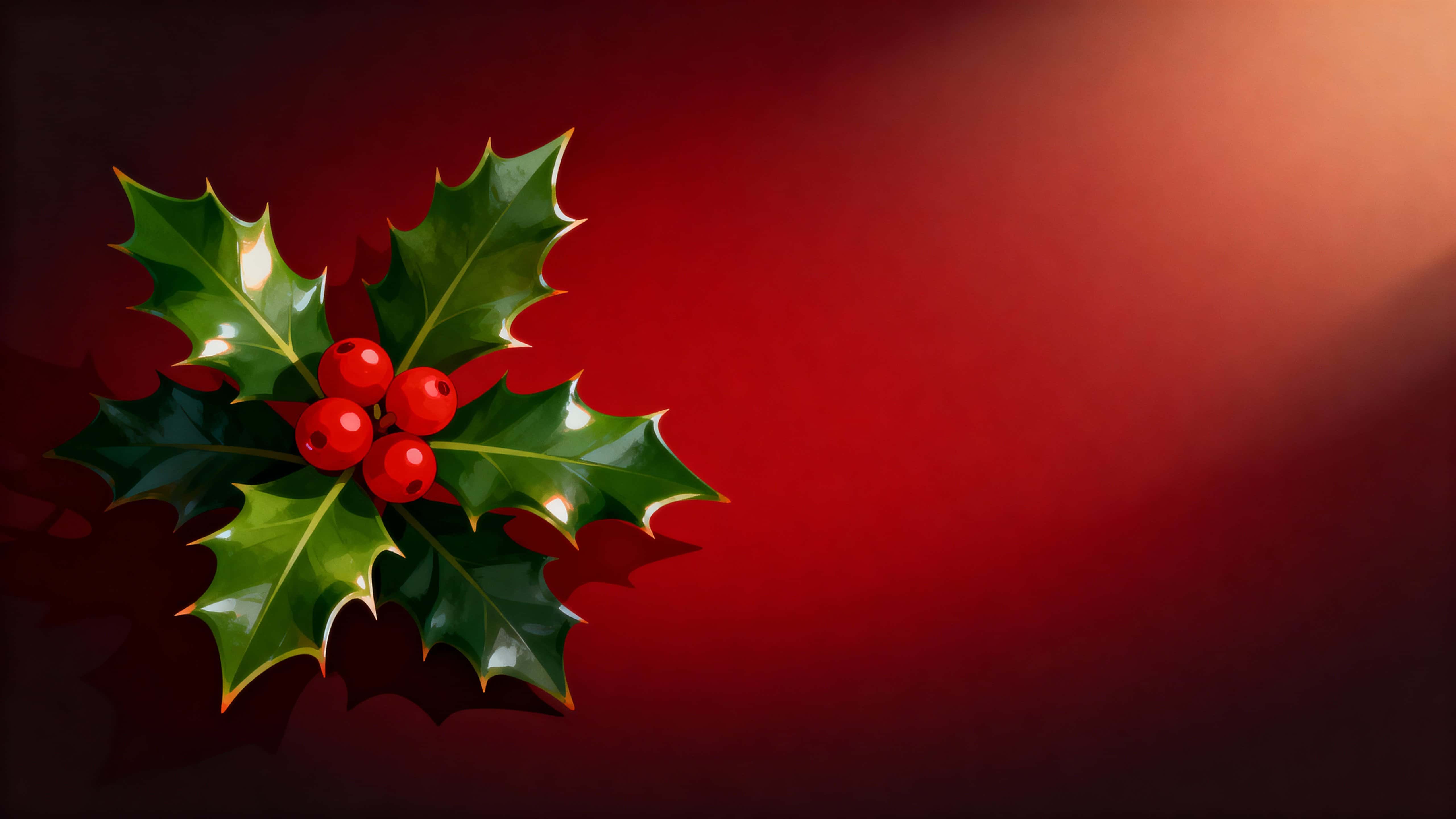 A 16:9 Christmas scene showing a single holly sprig near the left third with glossy deep-green leaves and a cluster of bright red berries against a rich dark-red vignette.