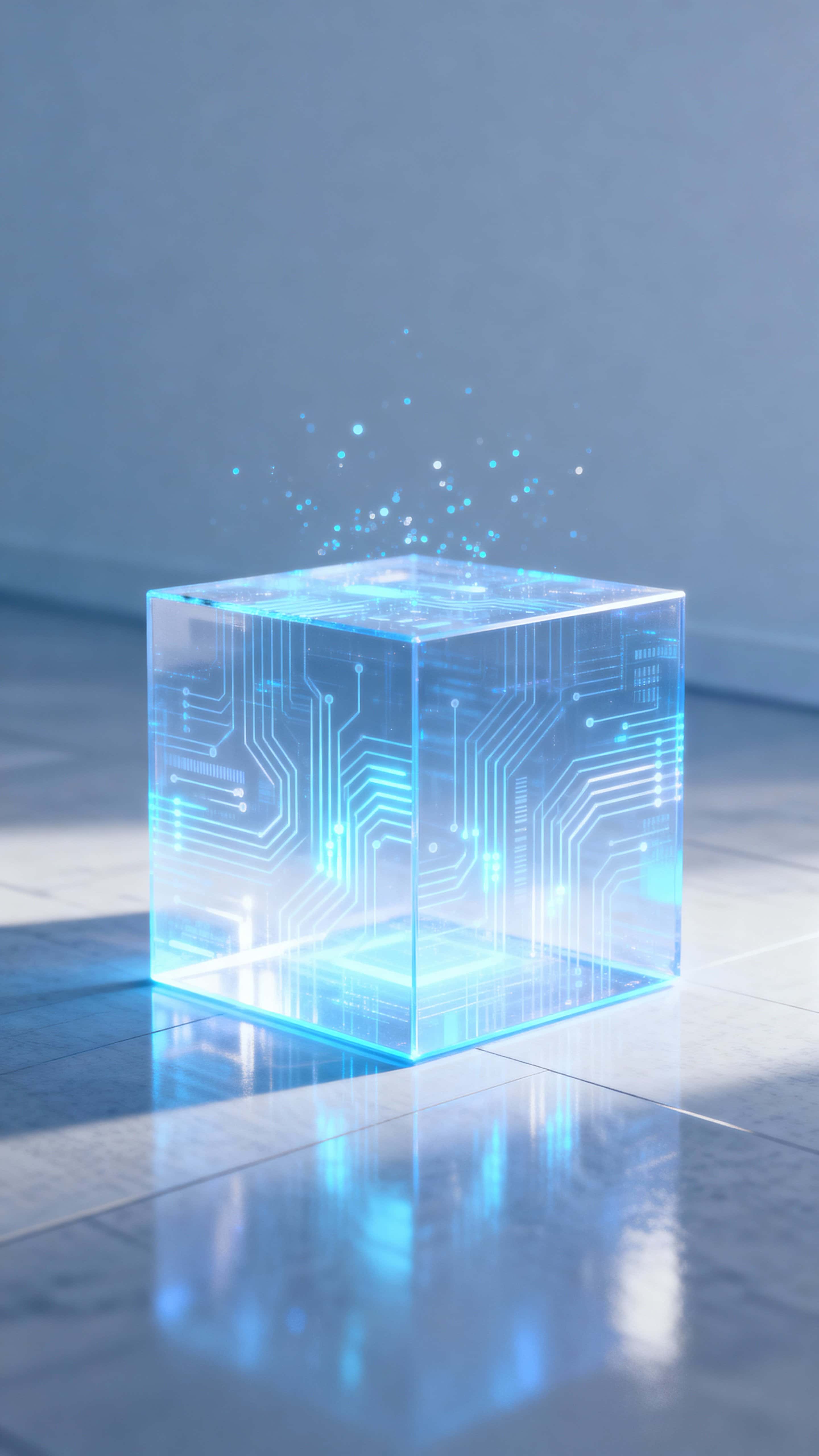 A hologram data cube stands on a glossy reflective floor in a 9:16 vertical frame, its interior threaded with faint glowing circuit lines and drifting particles, with soft blue and white streams flowing through the core.