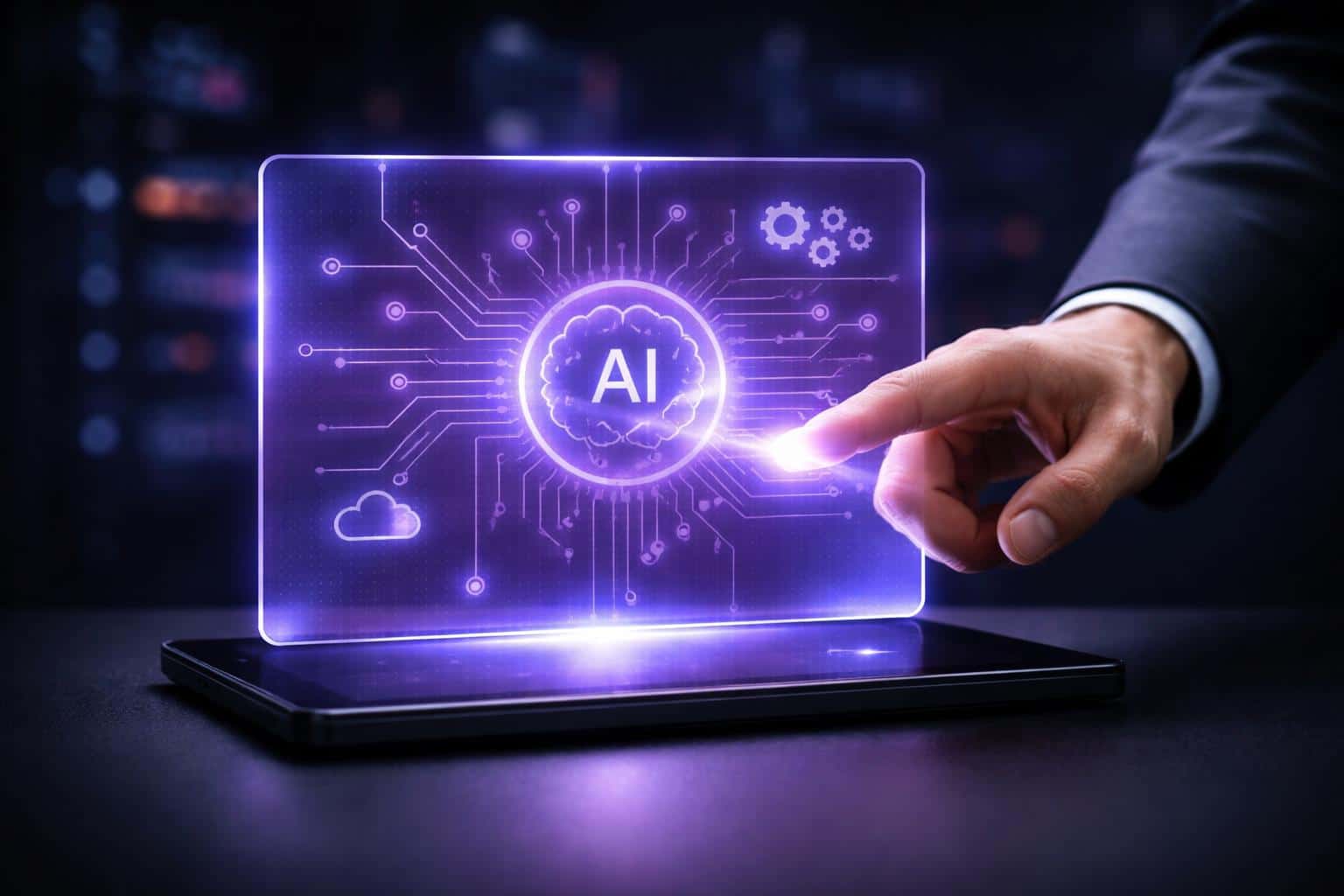 A transparent purple holographic interface panel floats above a black tablet while a suited right hand touches the central AI emblem, with out-of-focus server-rack bokeh behind it.