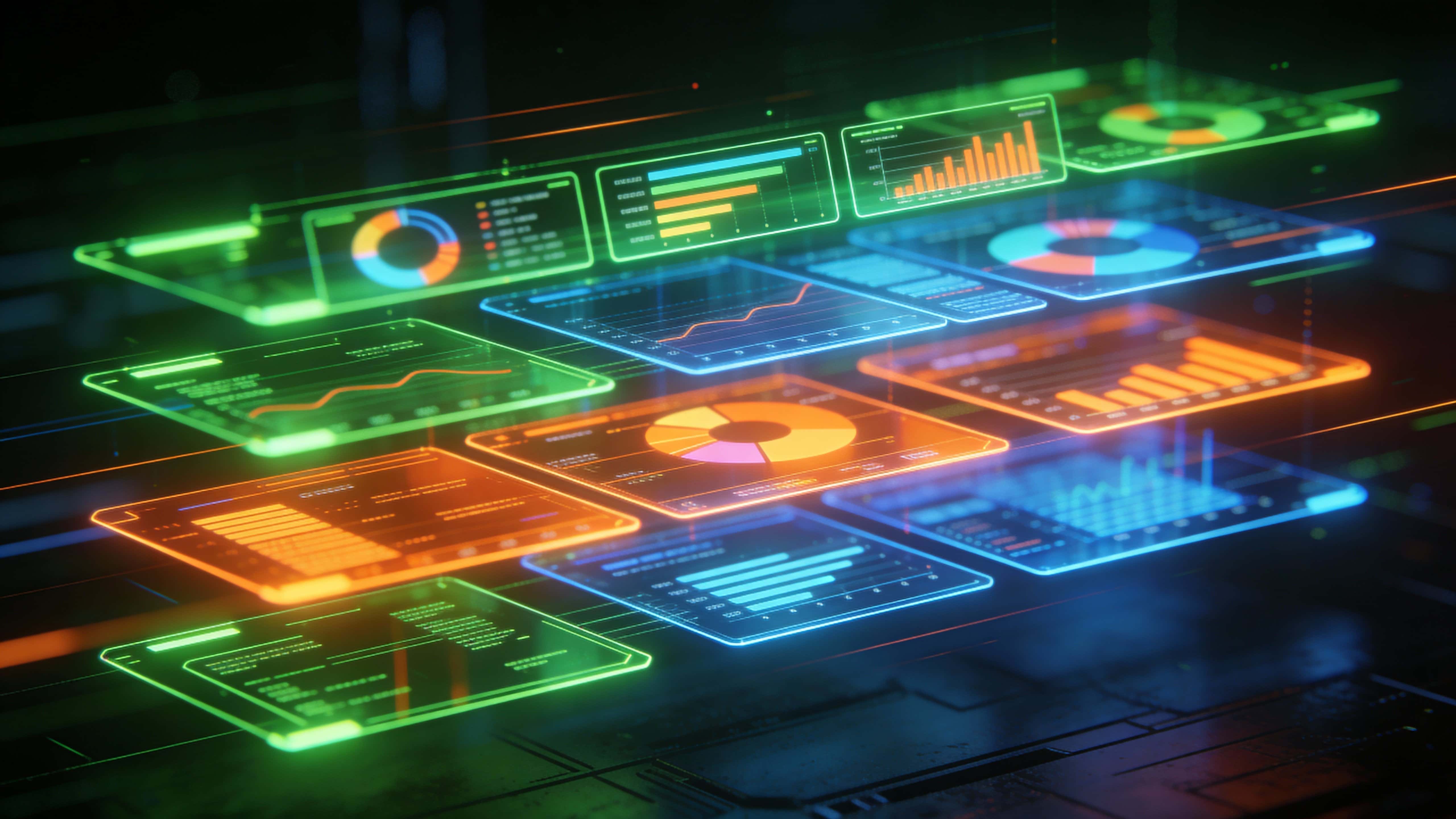 A wide 16:9 view of a floating holographic analytics display with colorful neon tiles arranged in staggered layers over a dark tech environment lit by luminous greens, oranges, and blues.