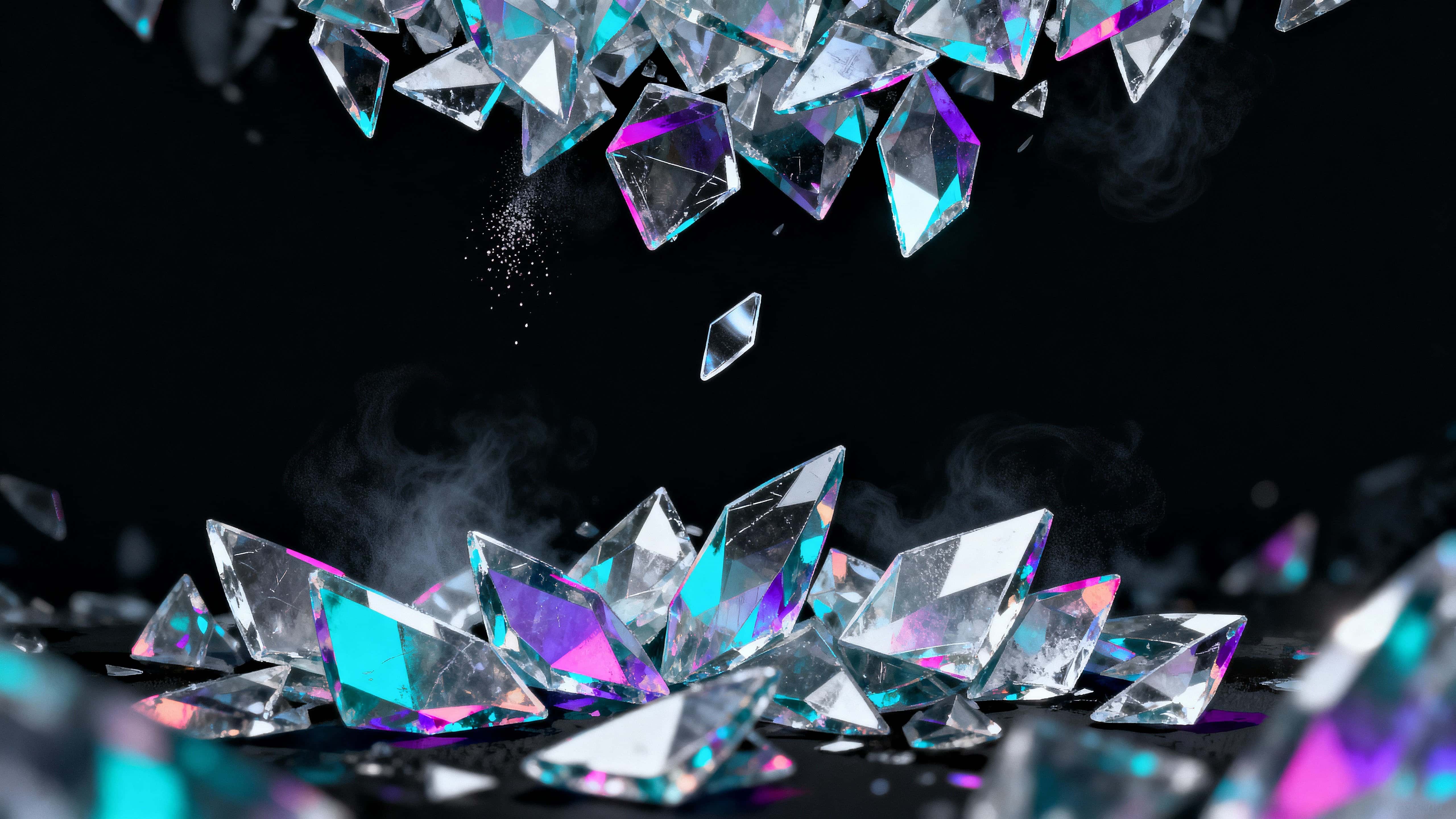 A matte black void cradles suspended holographic crystal fragments that refract cyan, magenta and violet glows while delicate micro-reflections trace geometric shards against a subtle silver haze.