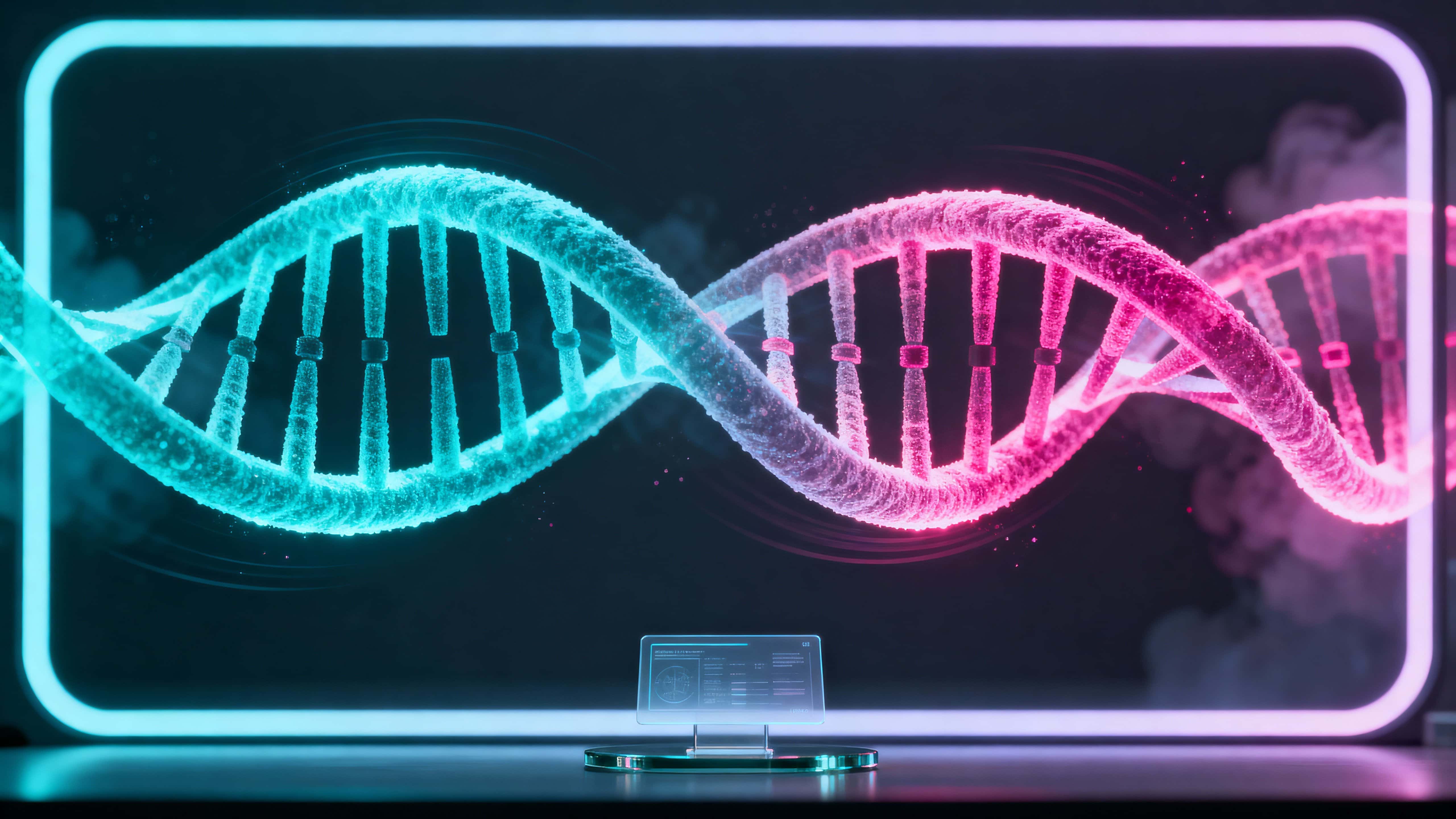 A glowing cyan and magenta holographic DNA helix floats in deep darkness, framed in a 16:9 cinematic crop to convey scientific wonder and futuristic clarity.