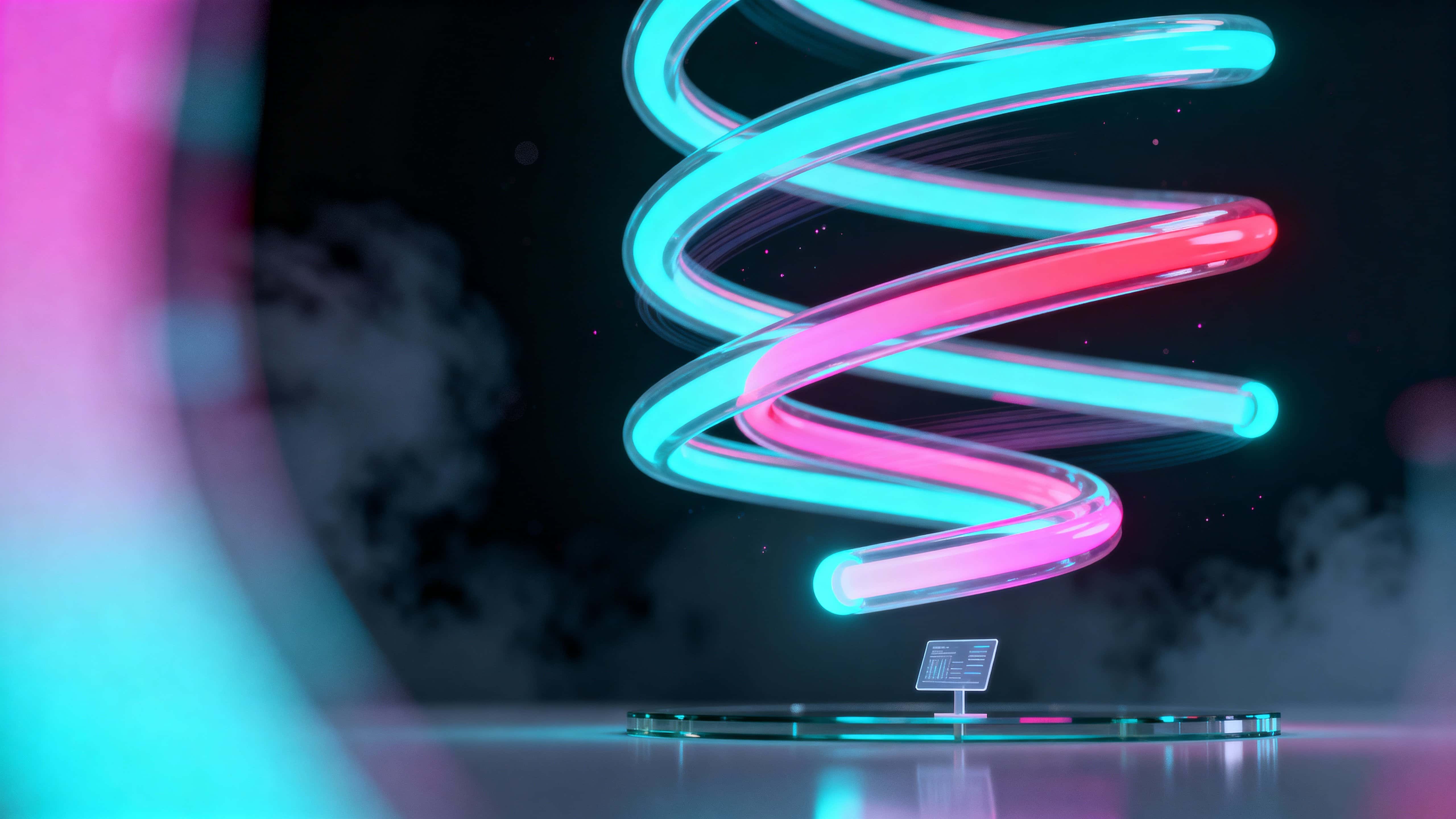 A glowing cyan and magenta holographic DNA helix floats in deep darkness, framed in a 16:9 cinematic crop to convey scientific wonder and futuristic clarity.