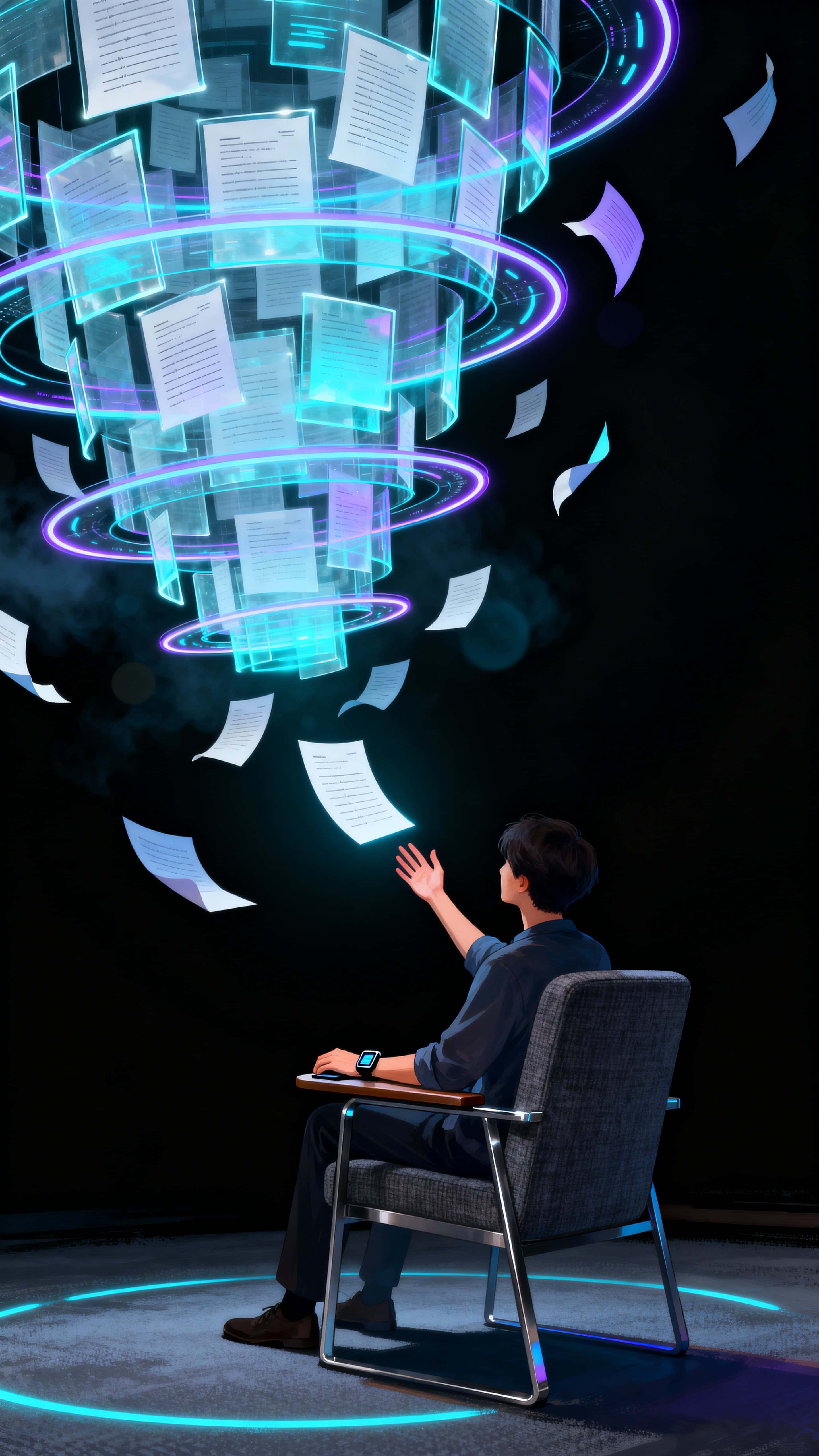 Thousands of translucent holographic documents rotate in layered orbits above a seated user, occasionally descending like satellites to allow close interaction and selection in a vertical frame.