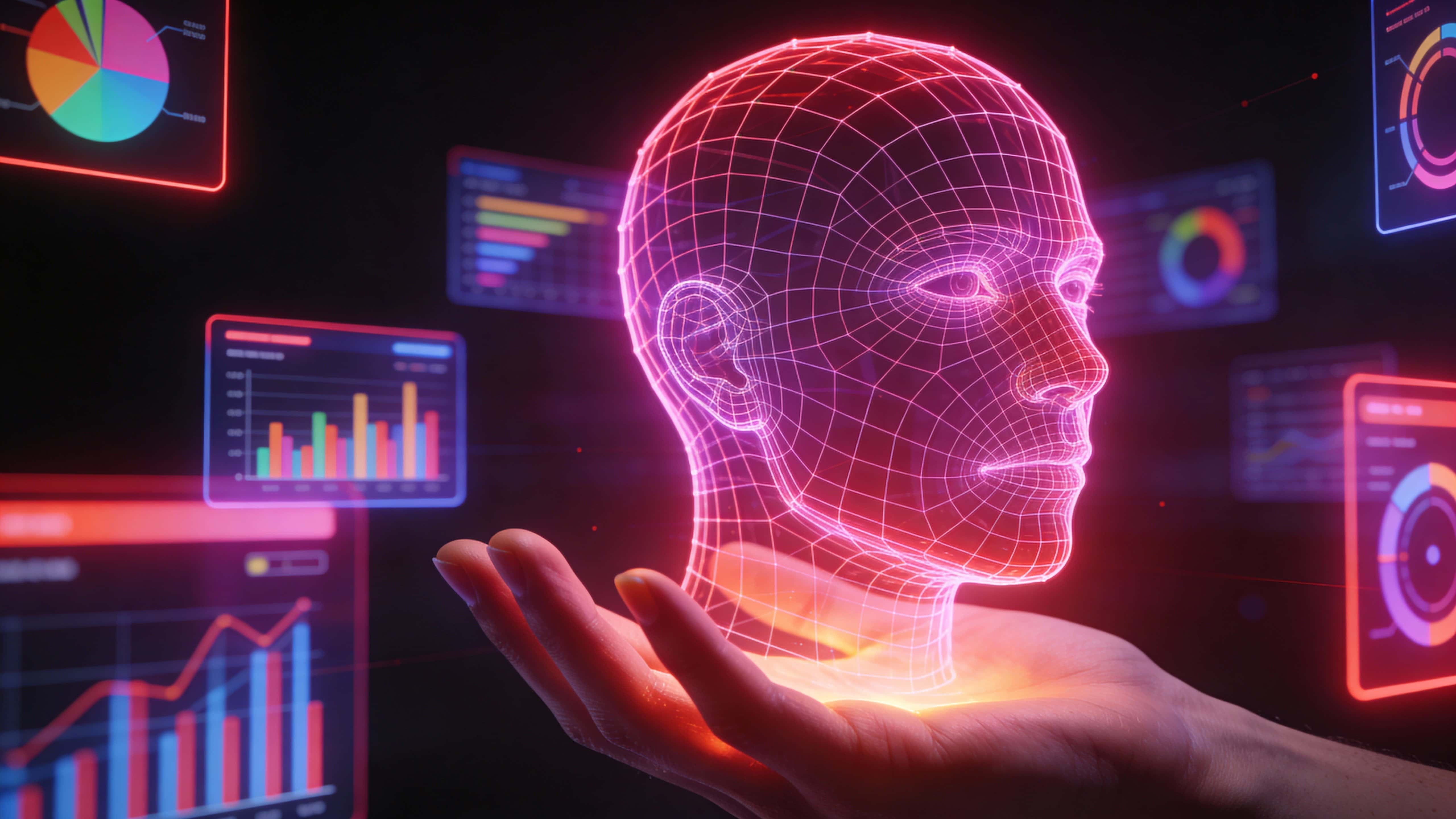 A holographic wireframe human head hovers above an open hand bathed in magenta and soft red neon, surrounded by floating interface panels of colorful charts against a dark cinematic background.
