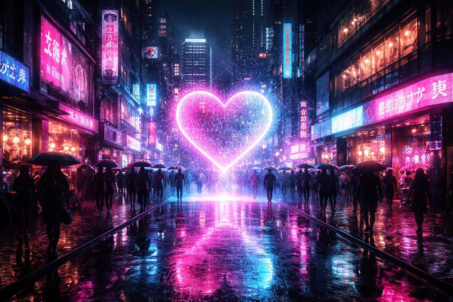 A cinematic cyberpunk 3:2 cityscape of a rain-slicked night street lit by vibrant pink and blue neon, centered on a large flickering holographic heart above crowded puddles.