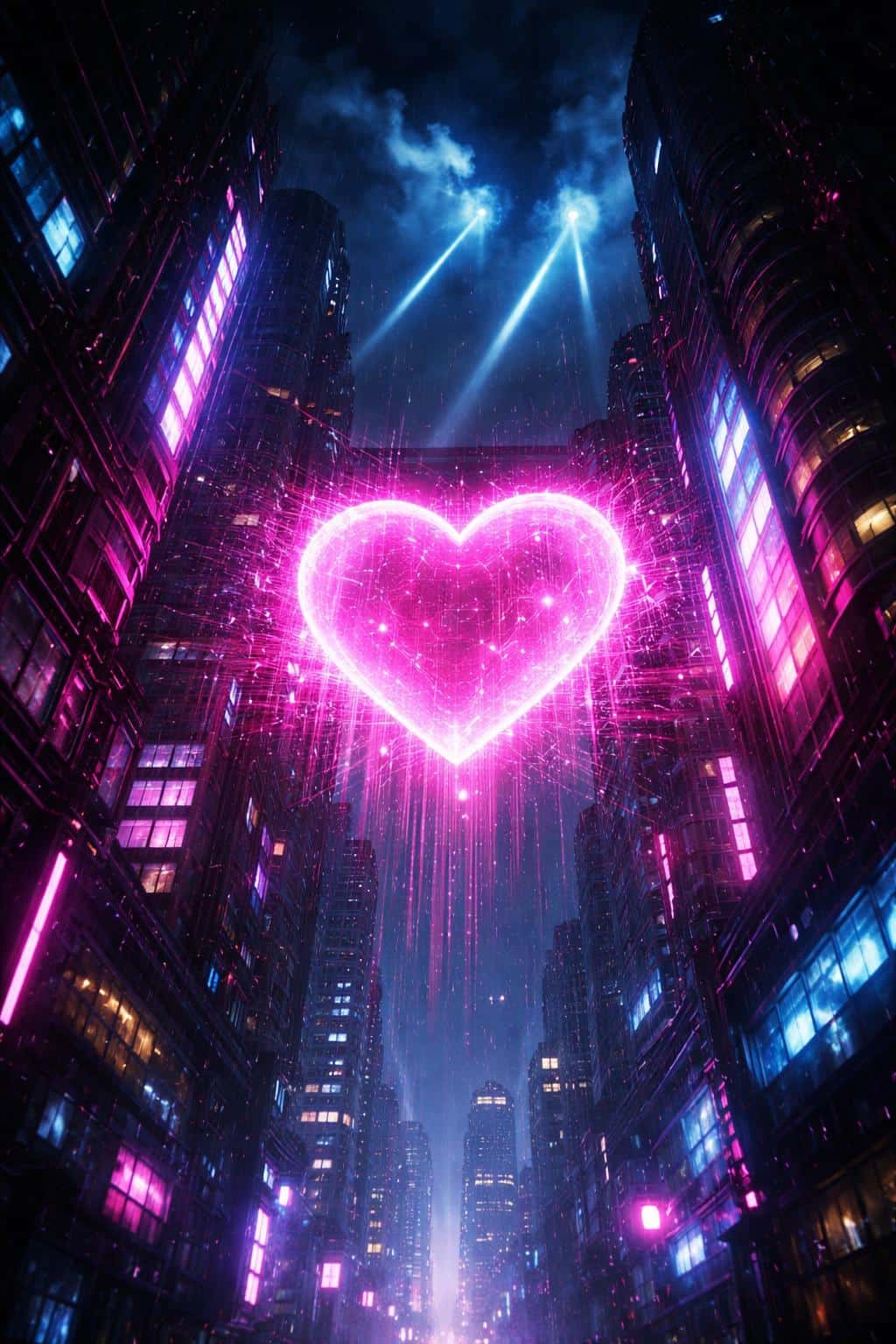 Low-angle vertical 2:3 view of a massive holographic heart suspended between neon-lit towers, rain streaking through intense magenta reflections against a polluted indigo sky.
