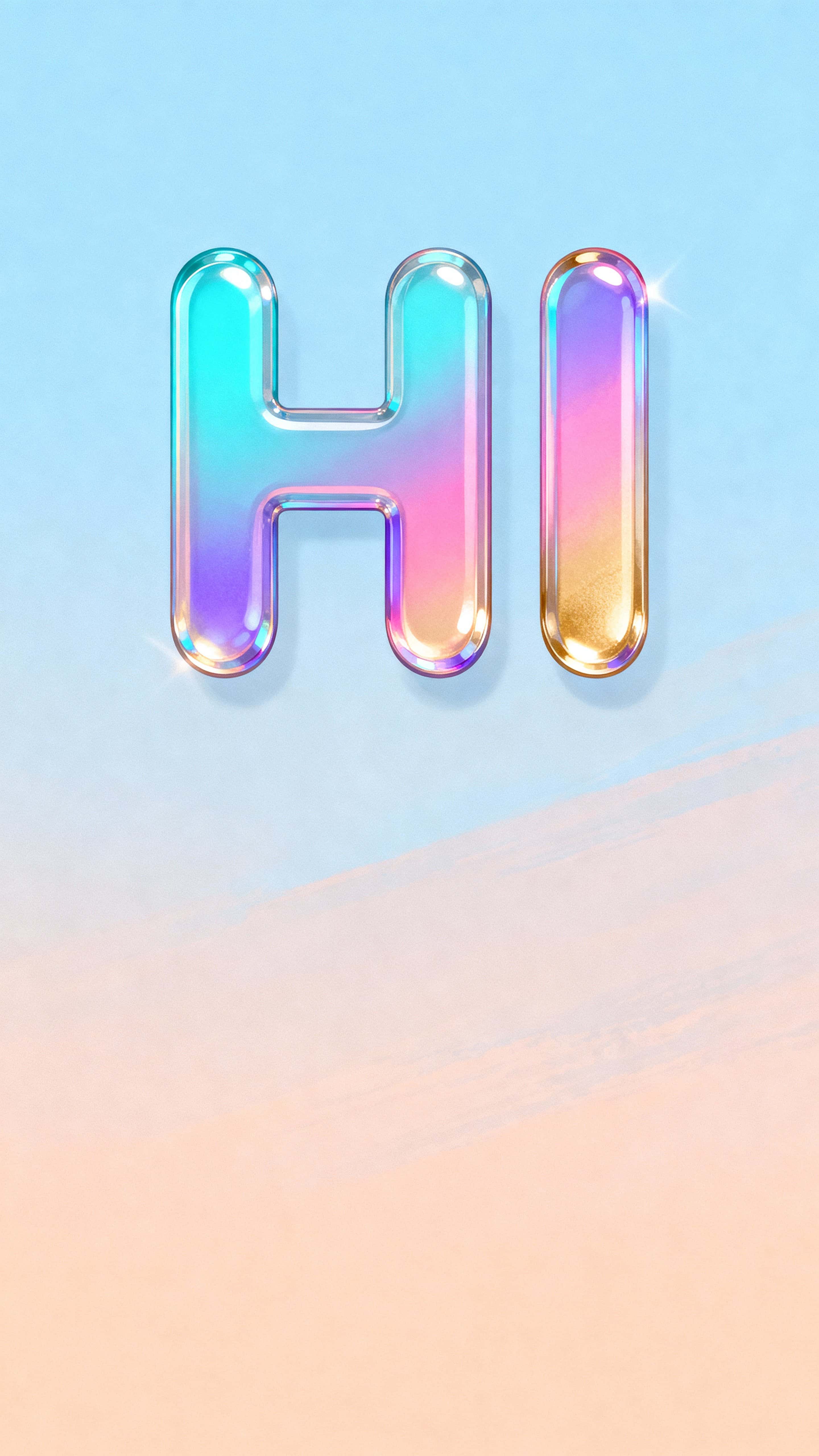 A vertical 9:16 composition showing the word "HI" in holographic texture suspended against a soft gradient sky, tightly framed for portrait display with luminous, playful energy.