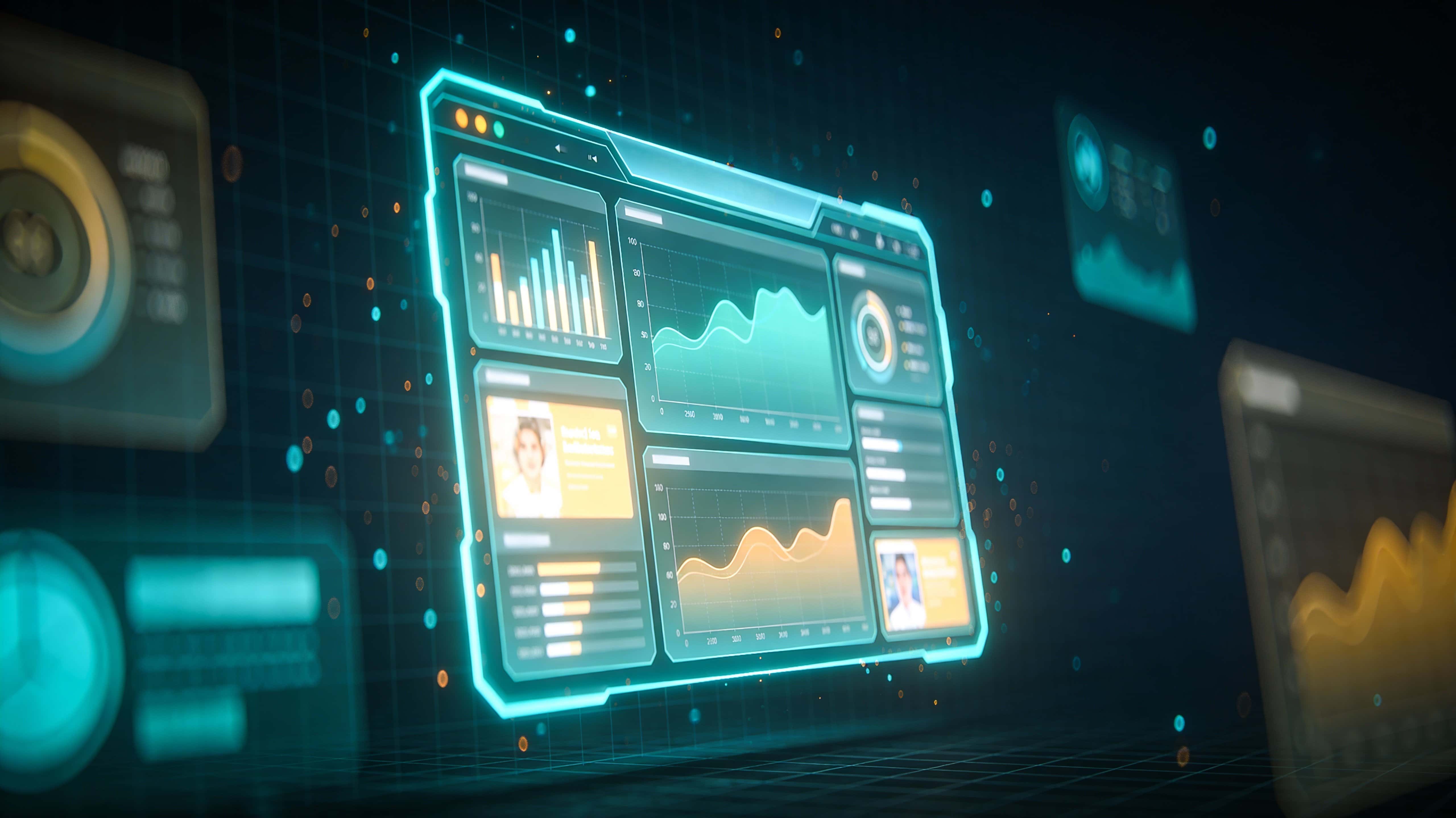 A single large holographic marketing dashboard floats in deep darkness, its UI glowing in layered neon cyan and amber with charts and visual ad components as soft volumetric light drifts around it.