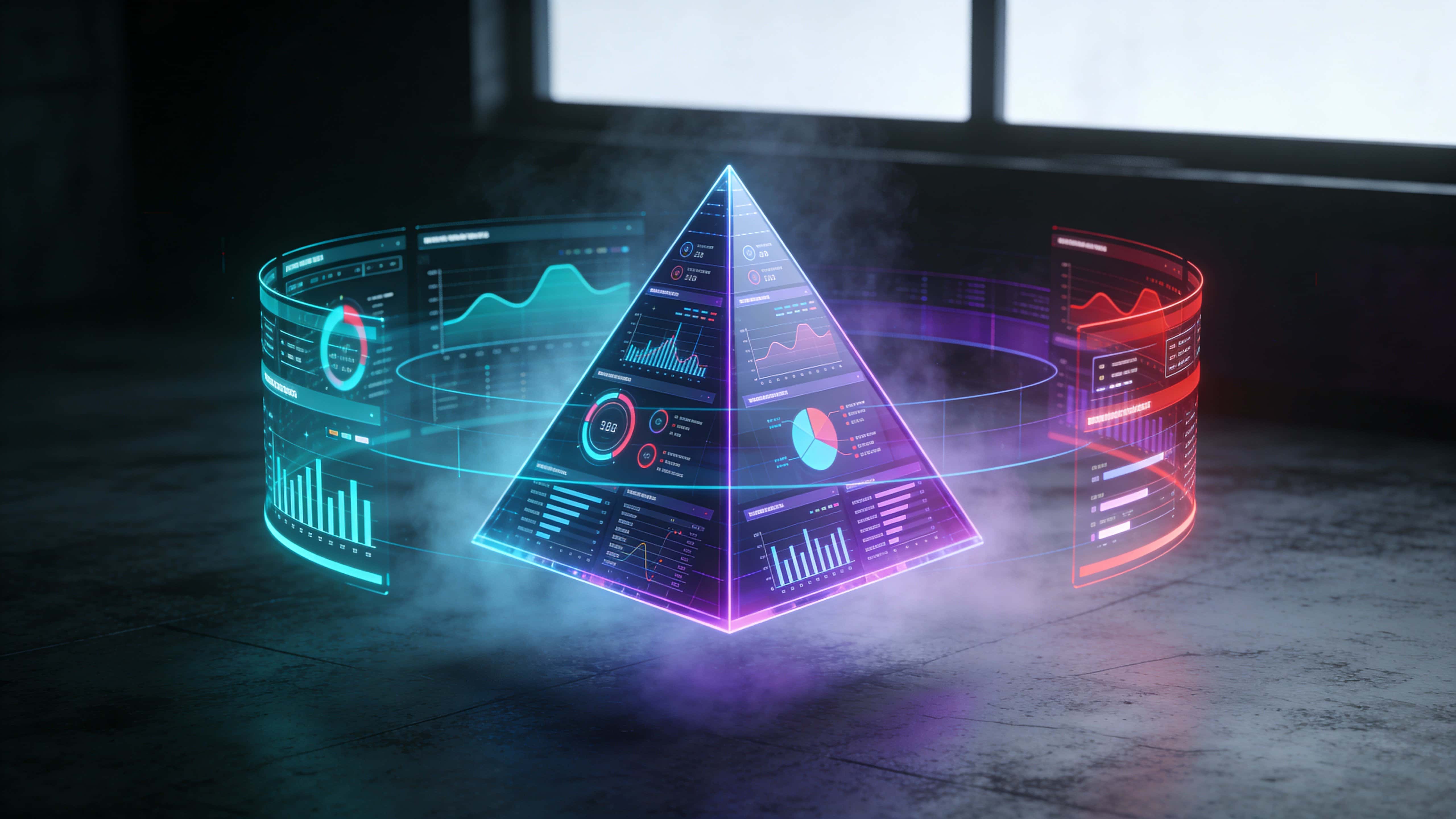 A lone holographic prism-shaped dashboard floats in a deep, dark room, wrapped by multiple UI sections with neon cyan, violet, and red highlights and a soft fog-like glow.