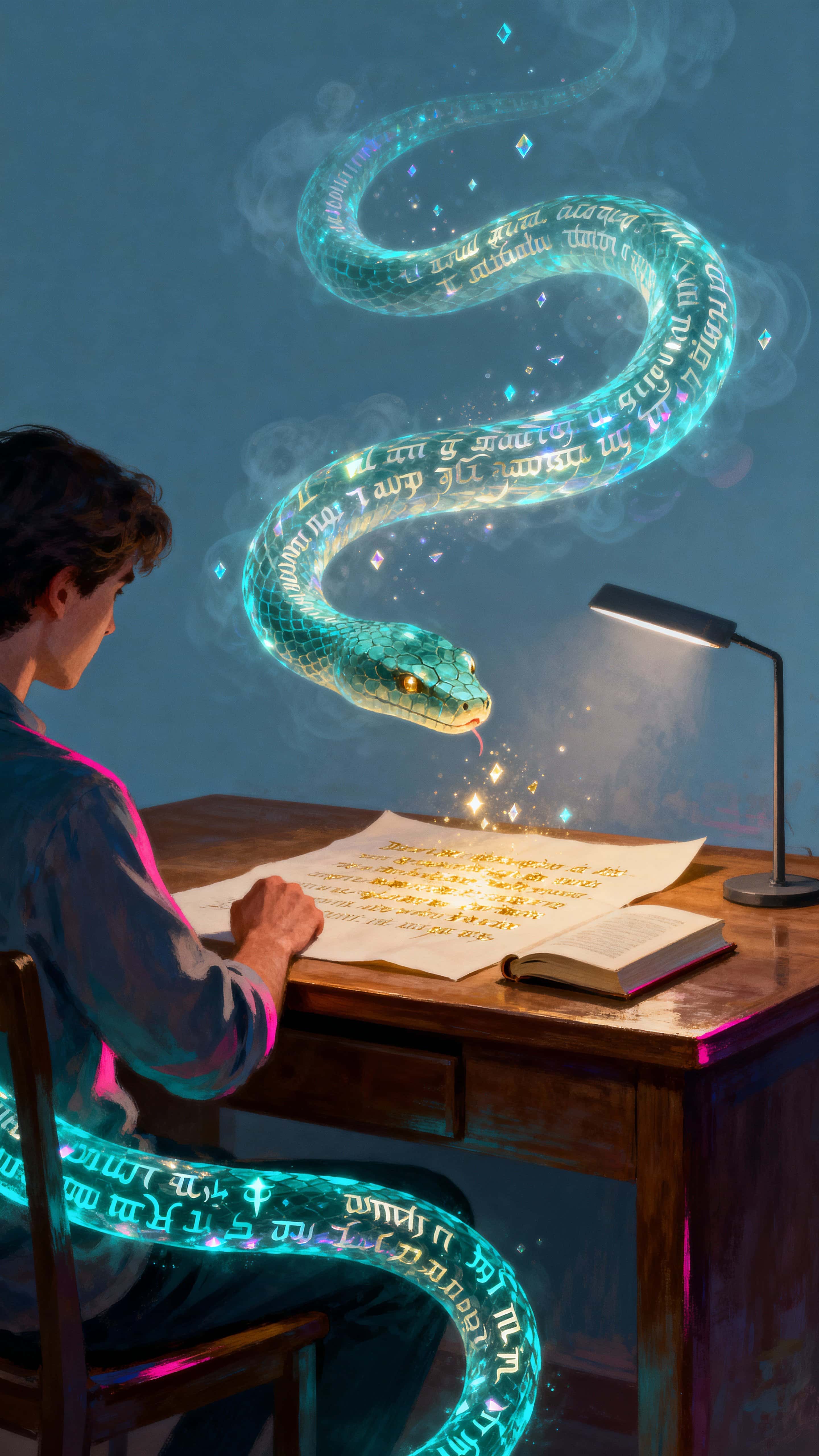 A tall holographic serpent formed from glowing, floating letters coils gently around a person seated at a desk in a vertical 9:16 frame, casting luminous script and soft color onto the scene.